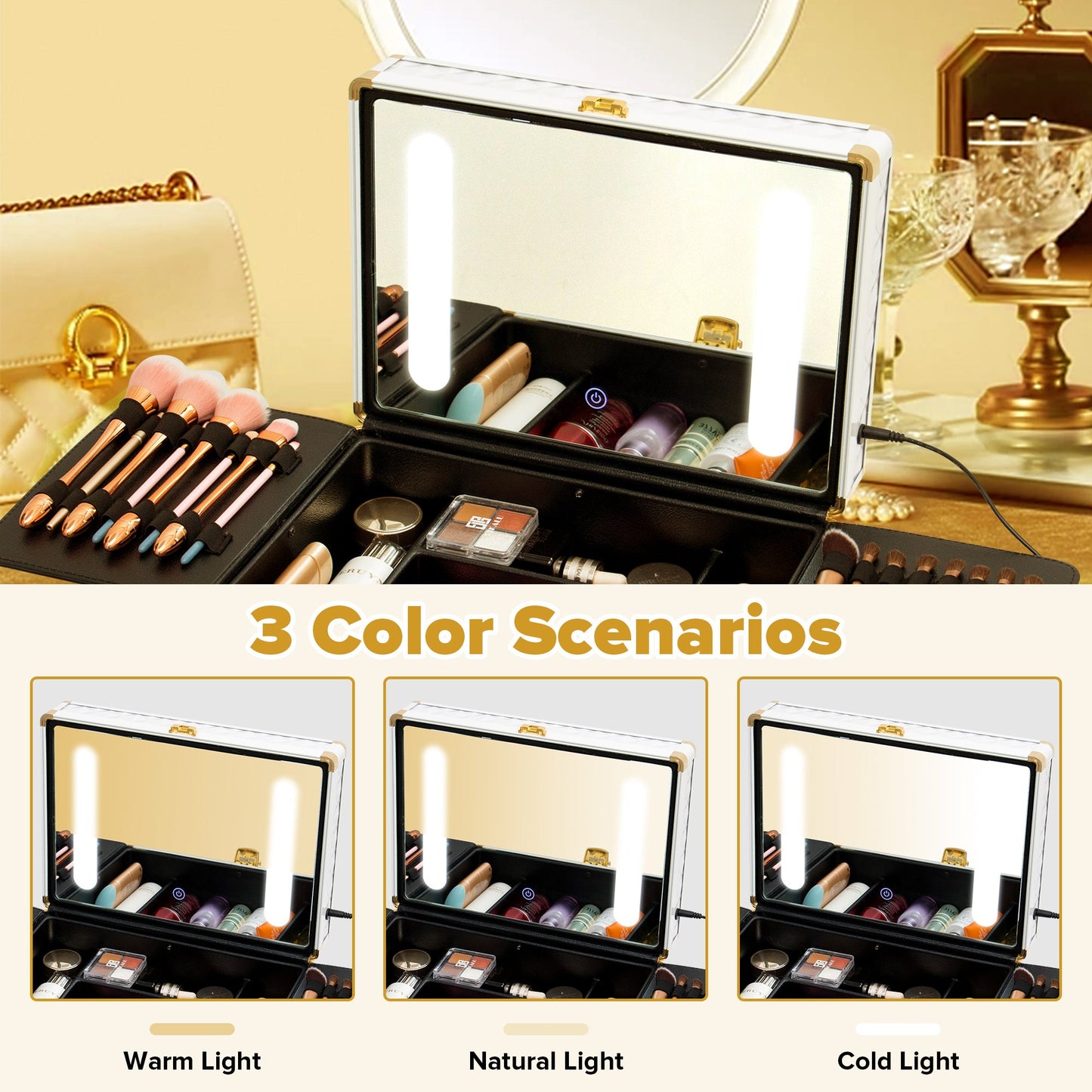Portable makeup case, travel makeup bag with LED mirror, locked makeup storage box, brush holder, divider, rechargeable, white - Korvel