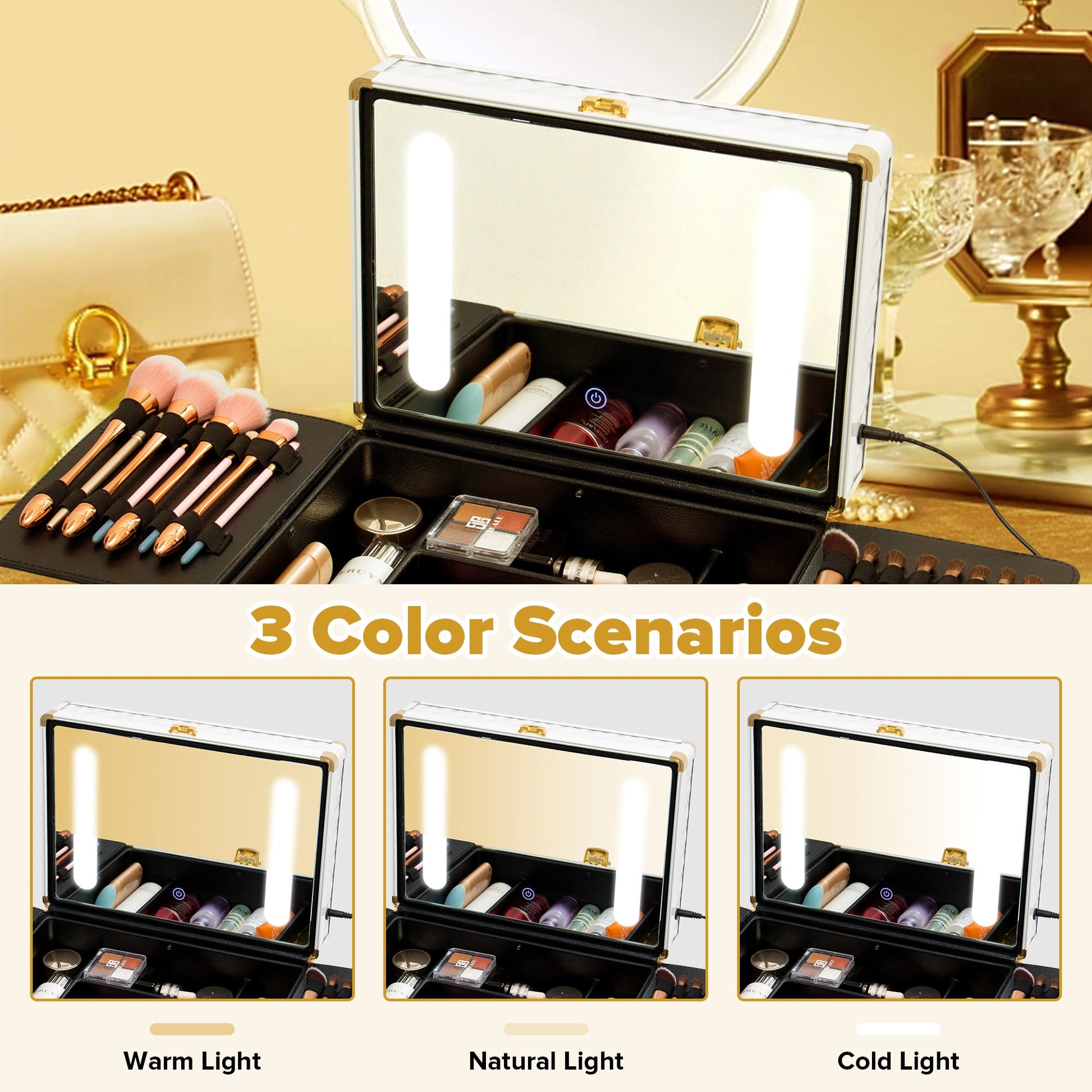 Portable makeup case, travel makeup bag with LED mirror, locked makeup storage box, brush holder, divider, rechargeable, white - Korvel