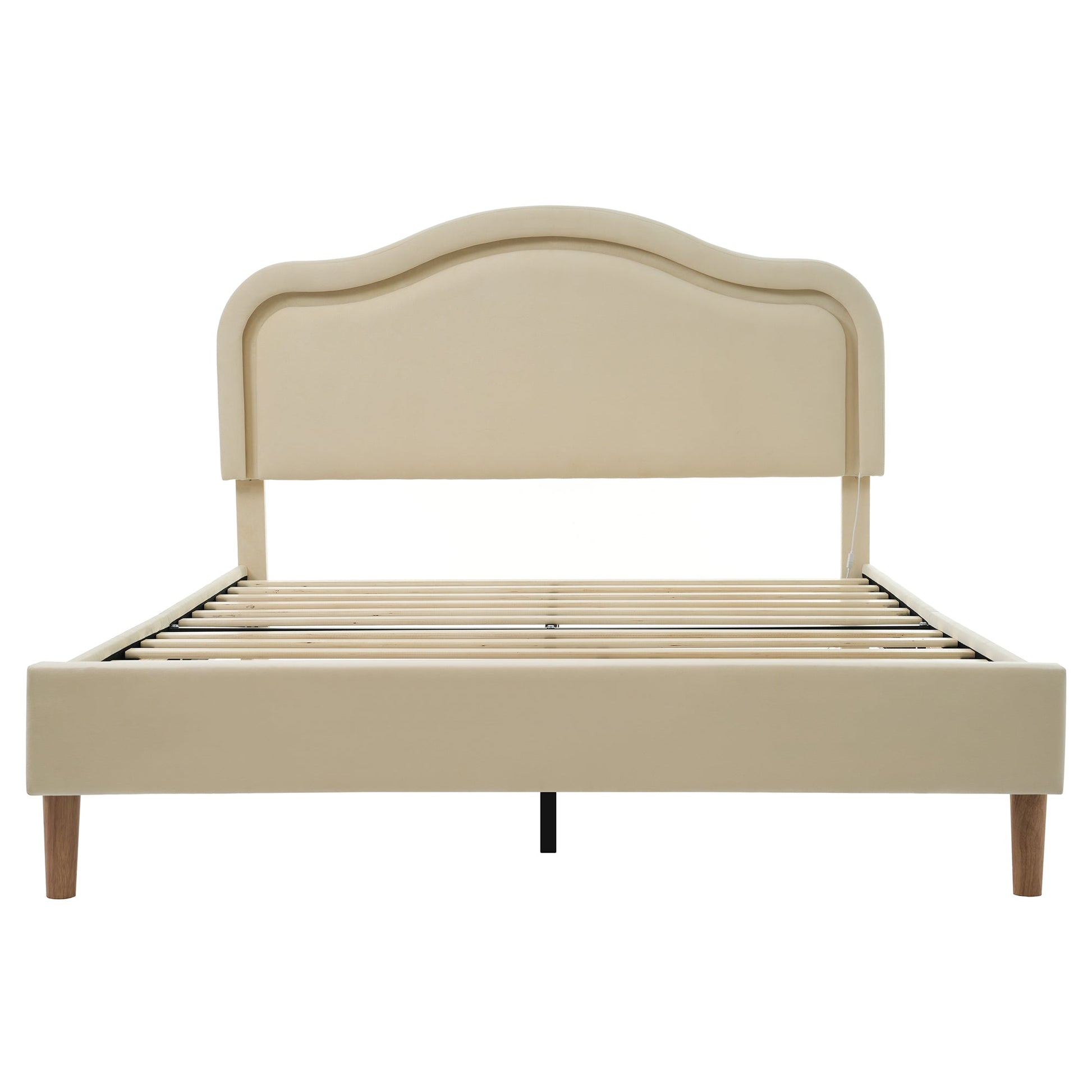 Full Size Velvet Upholstered Smart LED Bed Frame with Adjustable Height Headboard,No Box Spring Needed,Easy Assembly,Beige - Korvel