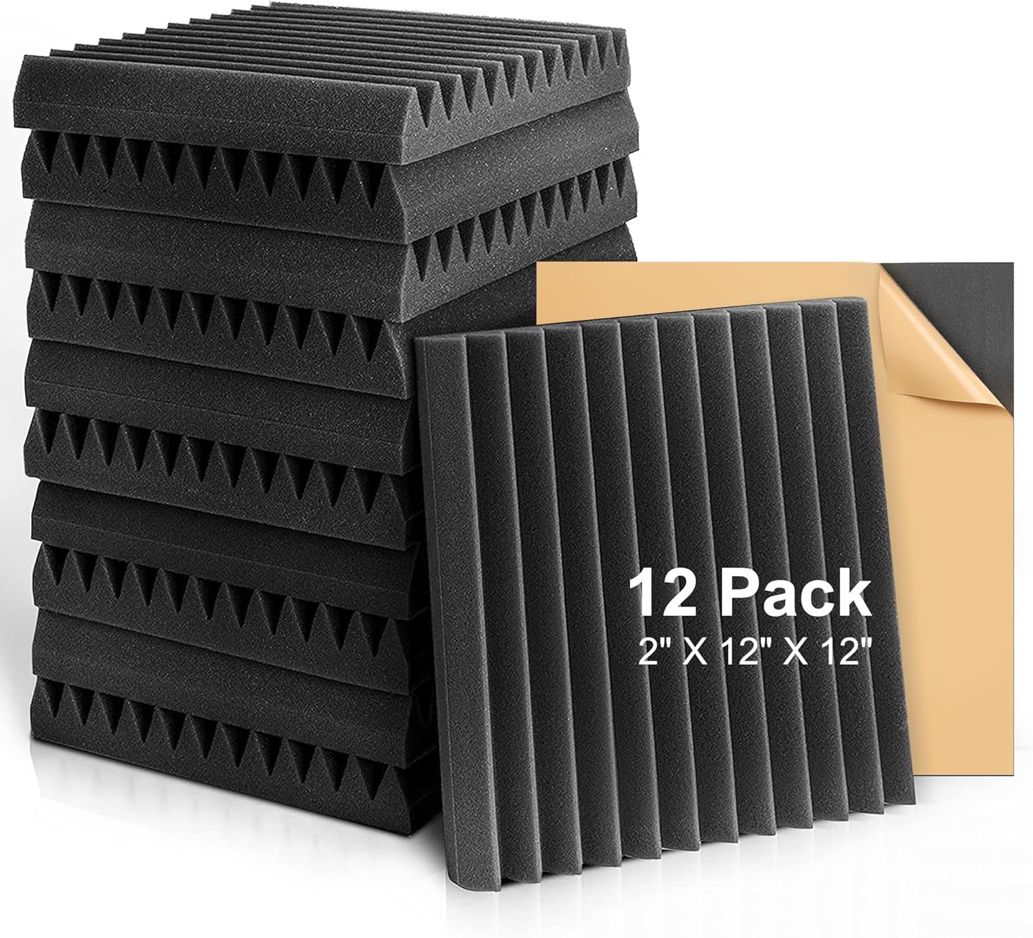 Acoustic Foam Panels 2" X 12" X 12" Self-Adhesive Acoustic Studio Wedge Tiles, Sound Panels Wedges Soundproof Foam Padding Sound - Korvel