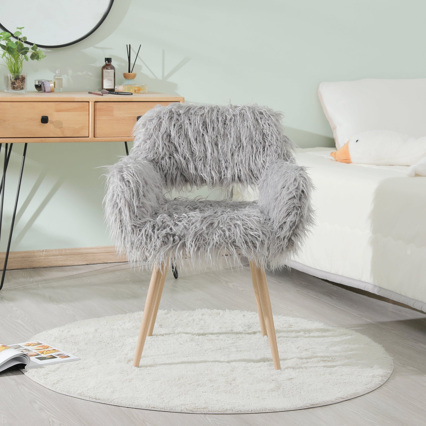 GREY Faux Fur Upholstered Make up chair Side Dining Chair with Metal Leg(GREY+Beech Metal Leg) - Korvel