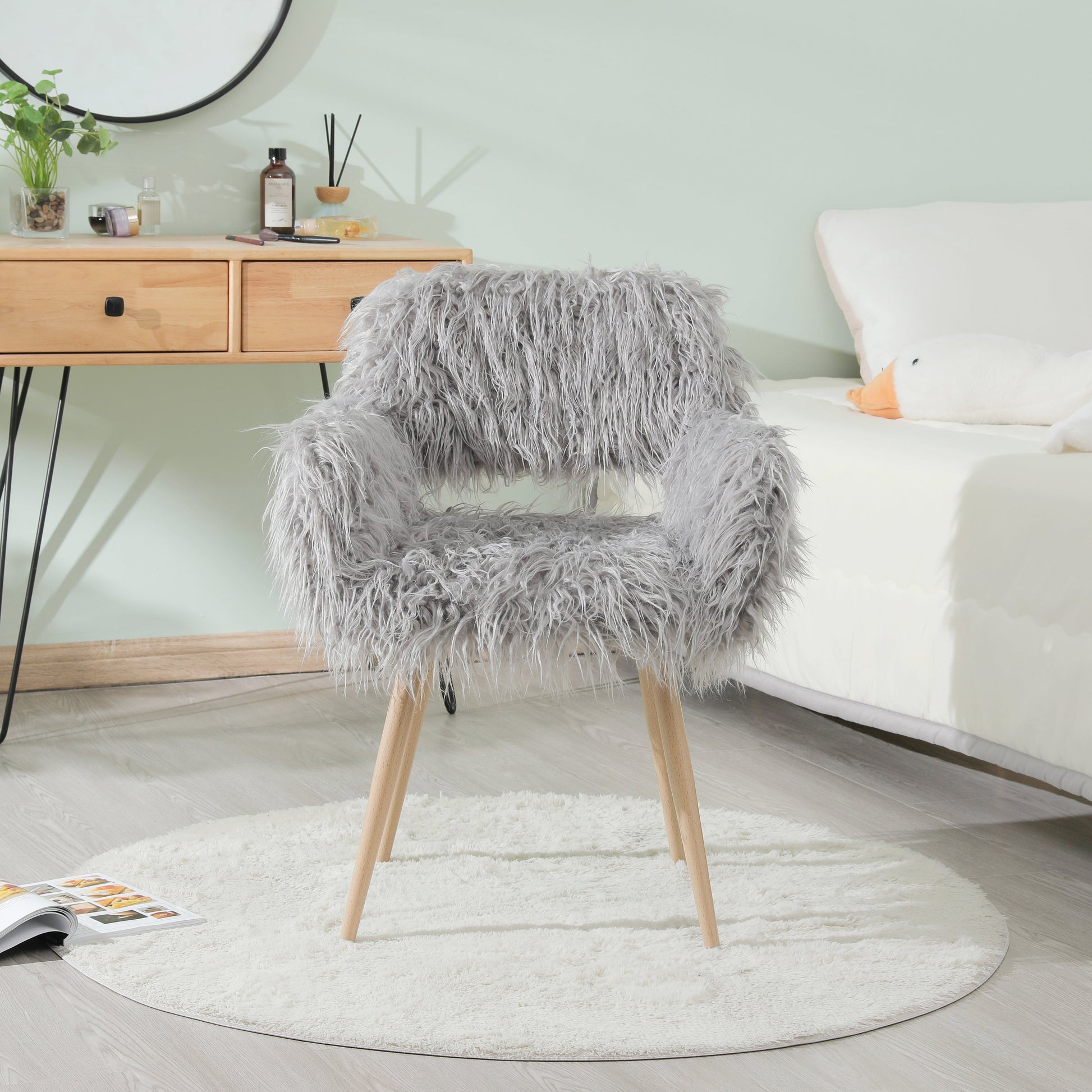 GREY Faux Fur Upholstered Make up chair Side Dining Chair with Metal Leg(GREY+Beech Metal Leg) - Korvel