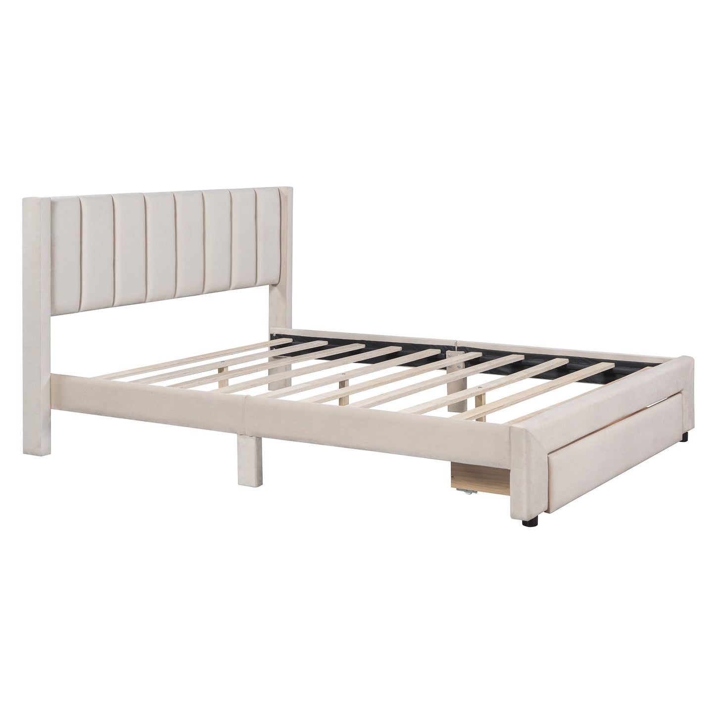 Queen Size Storage Bed Velvet Upholstered Platform Bed with a Big Drawer - Beige - Korvel