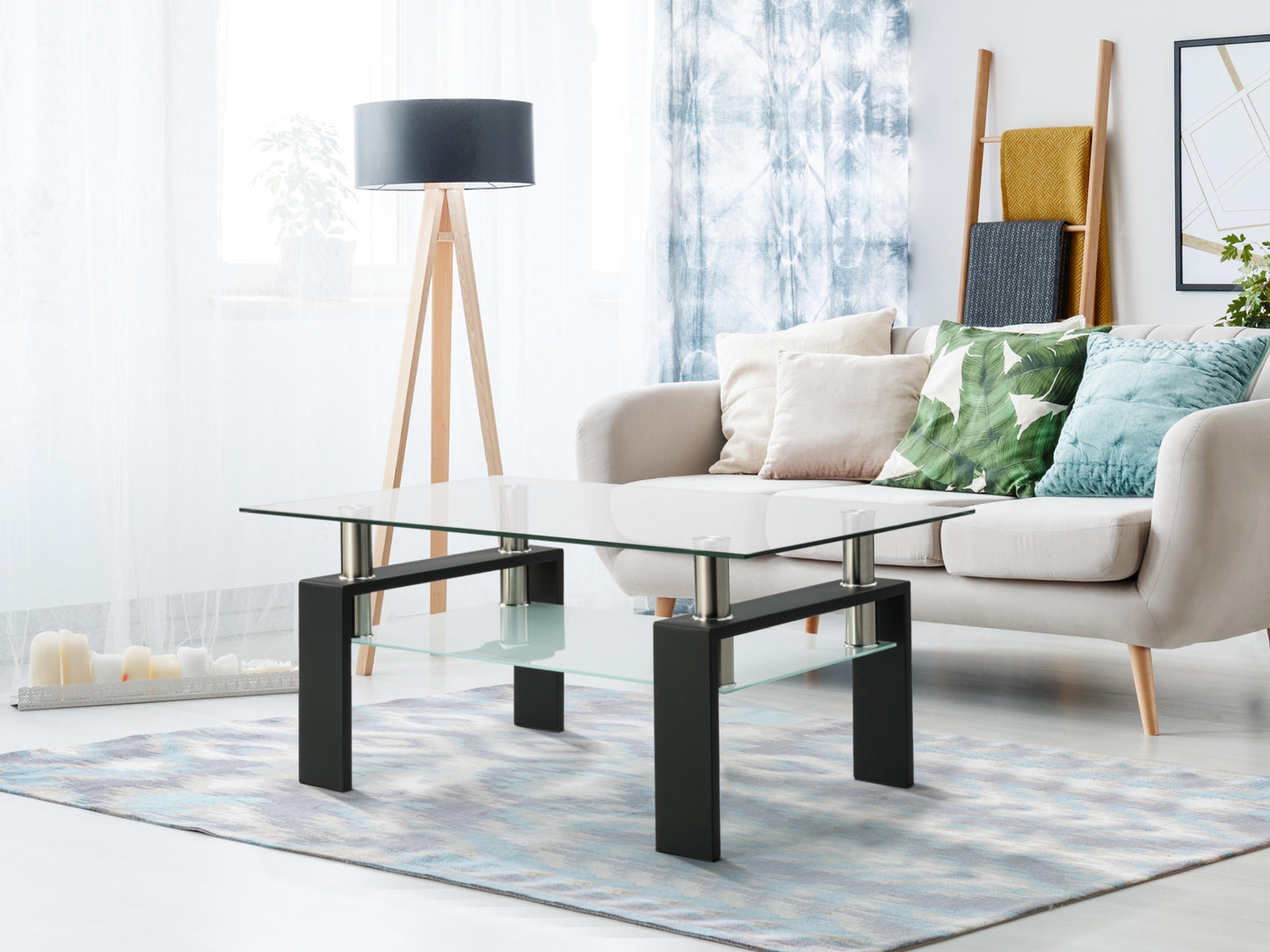 Modern Rectangle Black Glass Coffee Table for Living Room