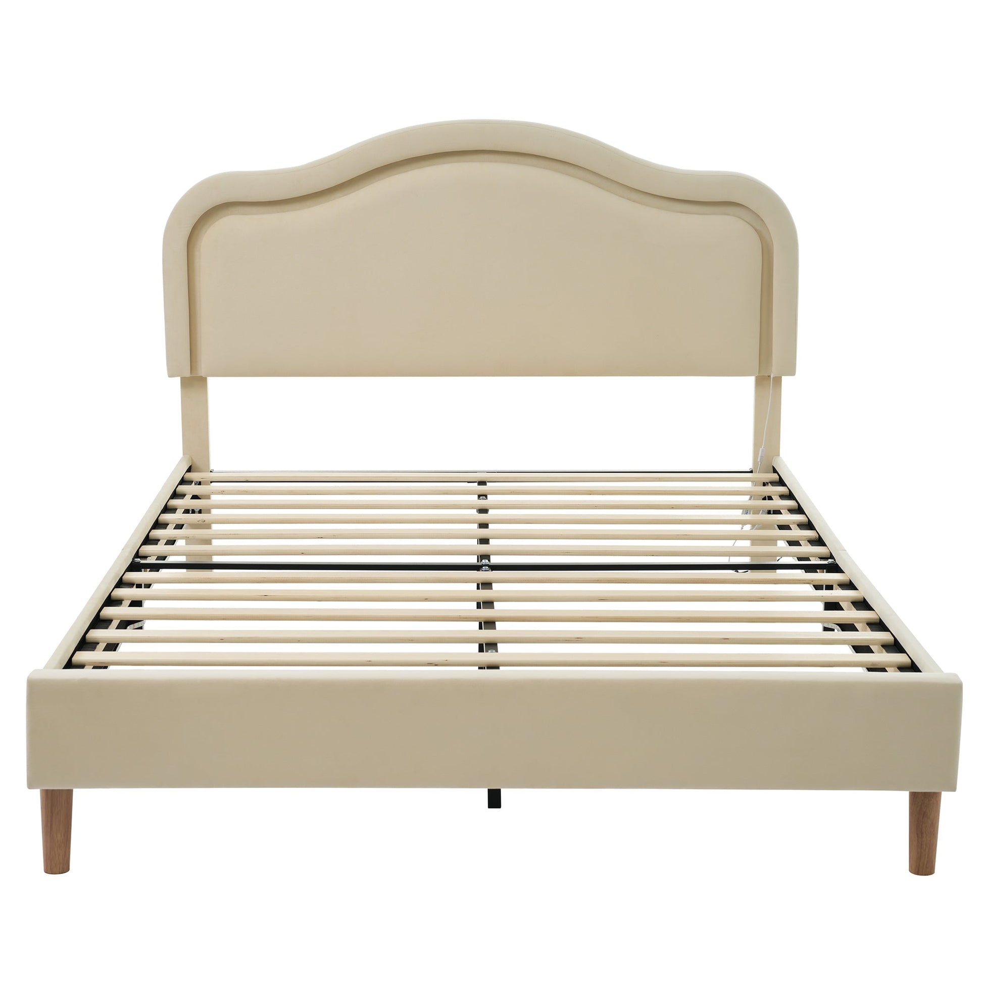 Full Size Velvet Upholstered Smart LED Bed Frame with Adjustable Height Headboard,No Box Spring Needed,Easy Assembly,Beige - Korvel
