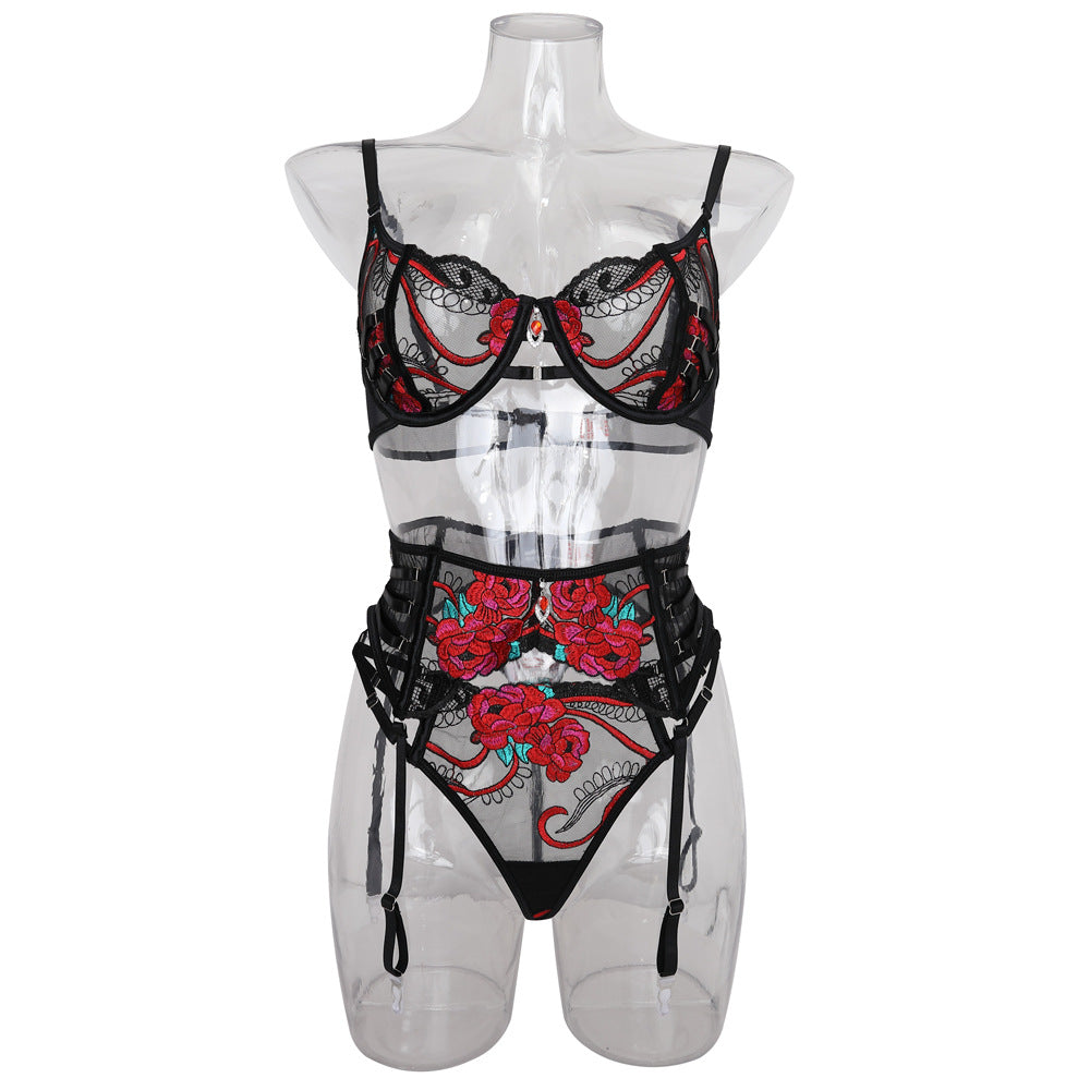 Ensemble de Lingerie en Dentelle Rouge Élégante avec Broderie de Rose