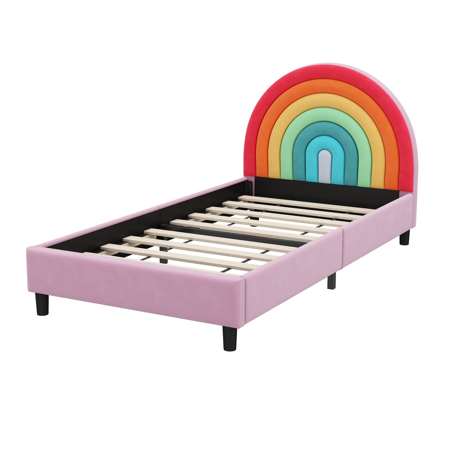 Rainbow Design Upholstered Twin Platform Bed Cute Style Princess Bed for Boys & Girls, Teens, Colorful & Pink - Korvel