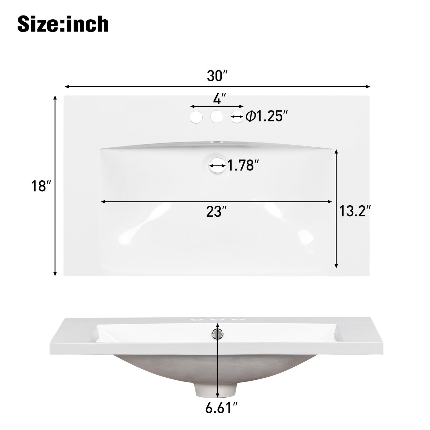 30" Single Bathroom Basin Sink, Vanity Top Only, 3-Faucet Holes, Resin - Korvel