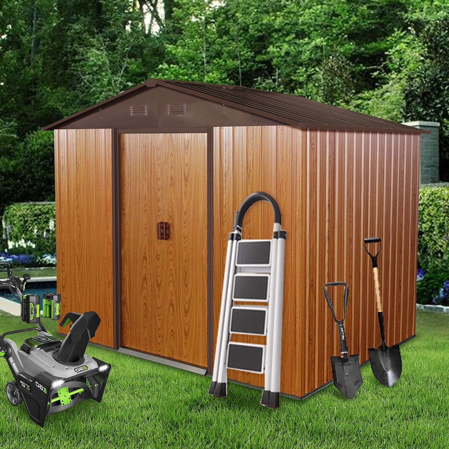 8ft x 6ft Outdoor Metal Storage Shed with Floor Base Coffee(W540S00014) - Korvel