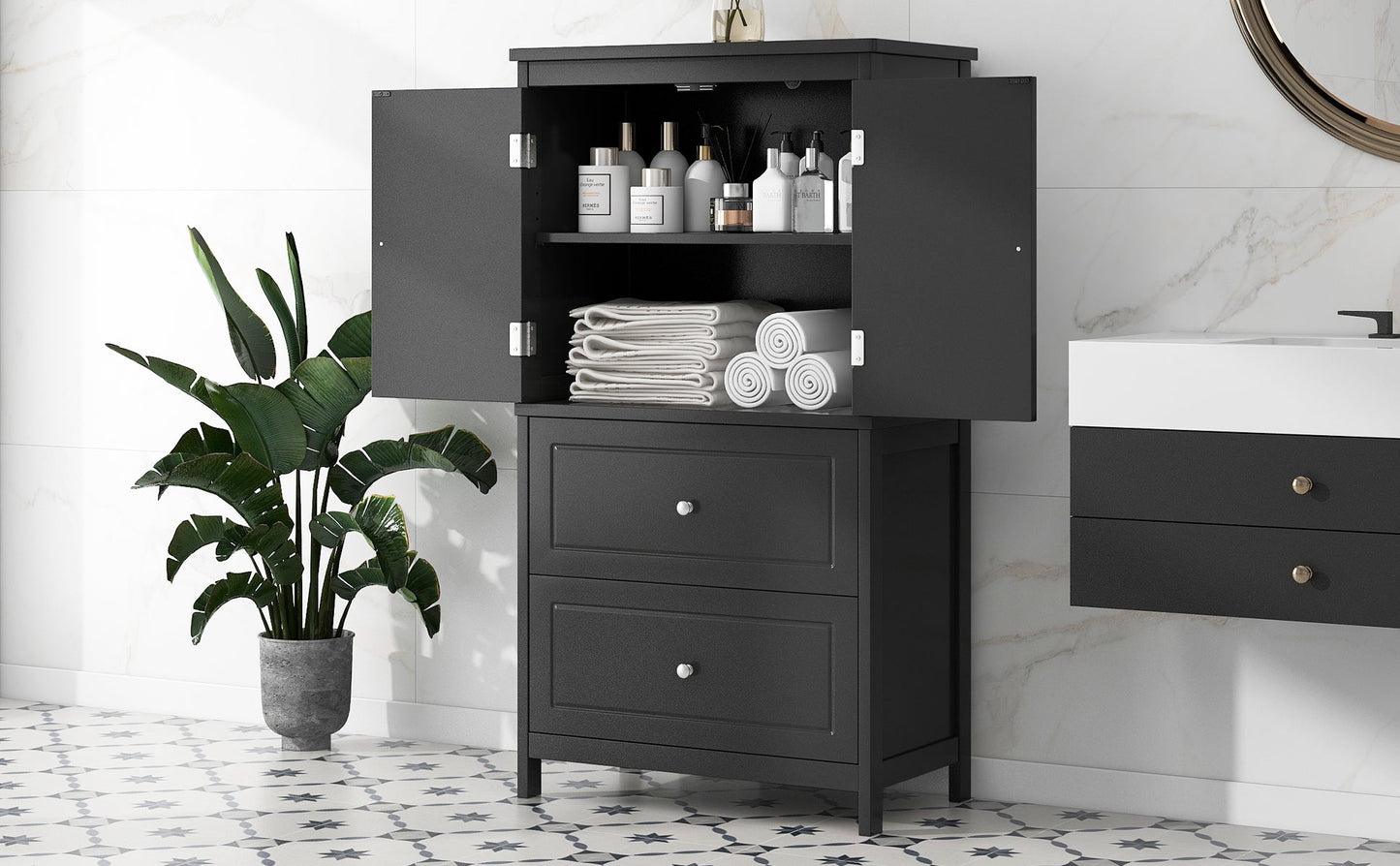Armoire de rangement de salle de bain noire élégante avec étagère réglable