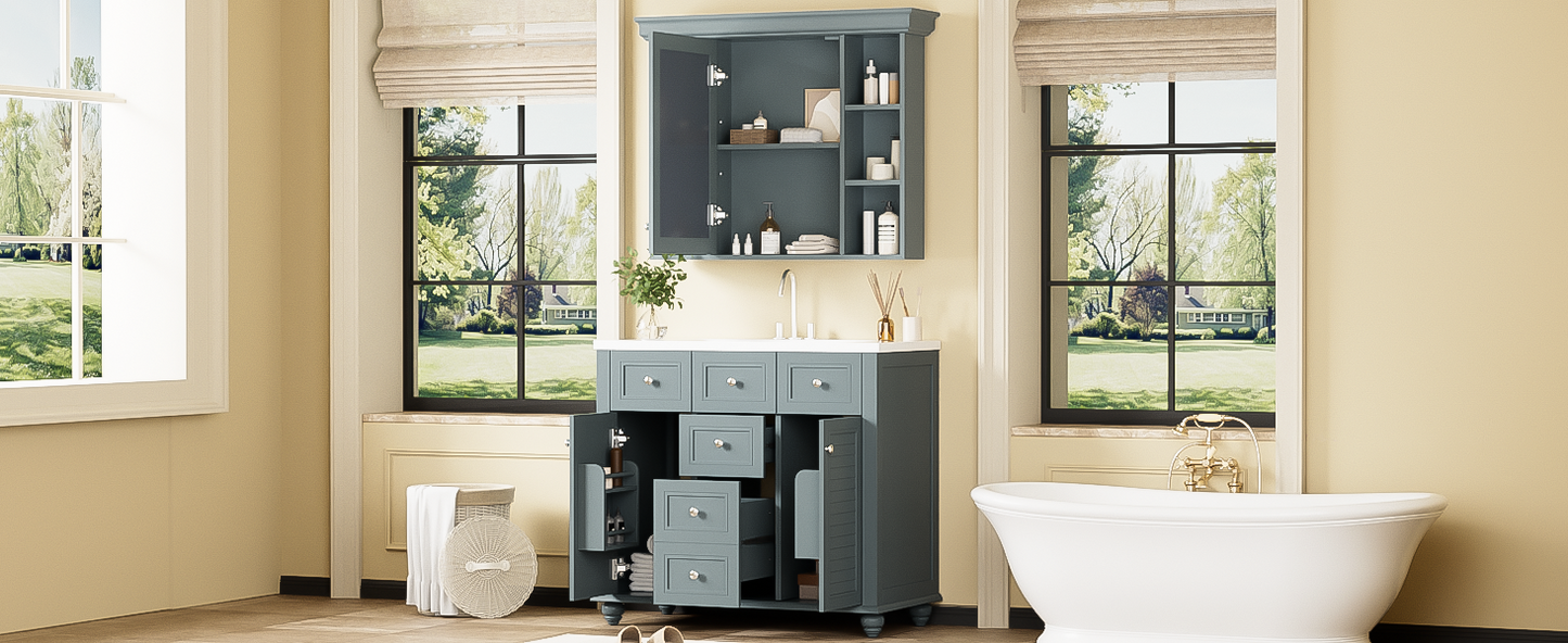 36 inch modern mirror cabinet with adjustable shelves, 2 soft closing doors, and 6 drawer storage cabinet door organizers - Korvel