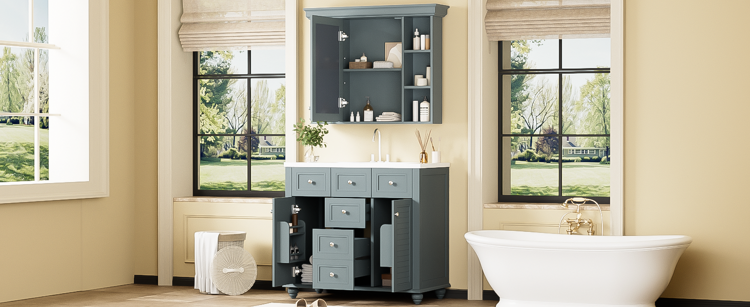 36 inch modern mirror cabinet with adjustable shelves, 2 soft closing doors, and 6 drawer storage cabinet door organizers - Korvel