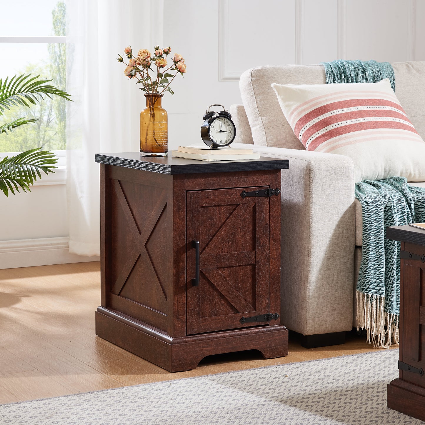 Farmhouse tea table bedside table rectangular farmhouse tea table with barn door and adjustable storage rack OAK - Korvel