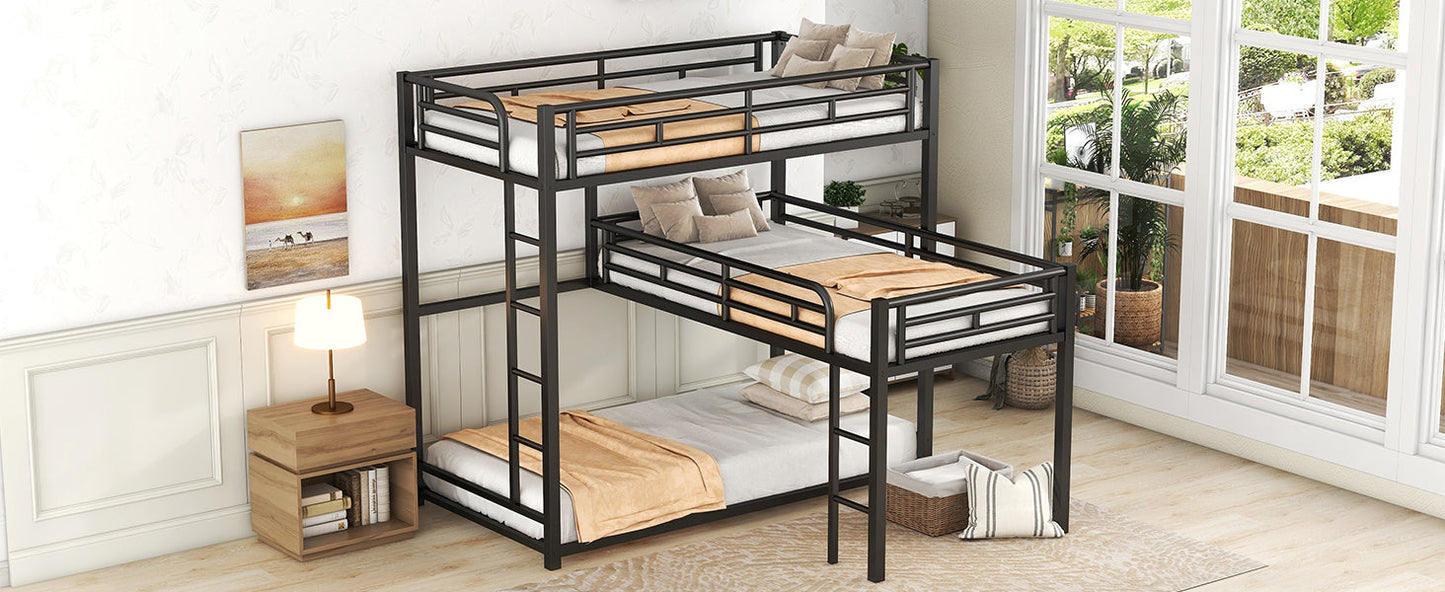L-shaped Metal Triple Twin Size Bunk Bed, Black - Korvel