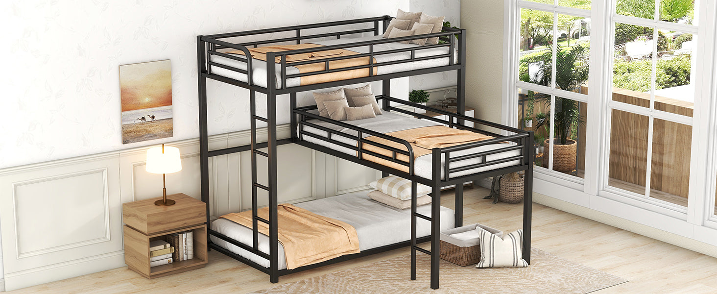 L-shaped Metal Triple Twin Size Bunk Bed, Black - Korvel