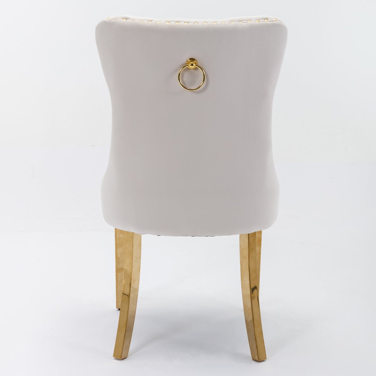 Tufted solid wood velvet soft cushion dining chair gold stainless steel plated leg nail head set of 2 pieces beige and gold - Korvel
