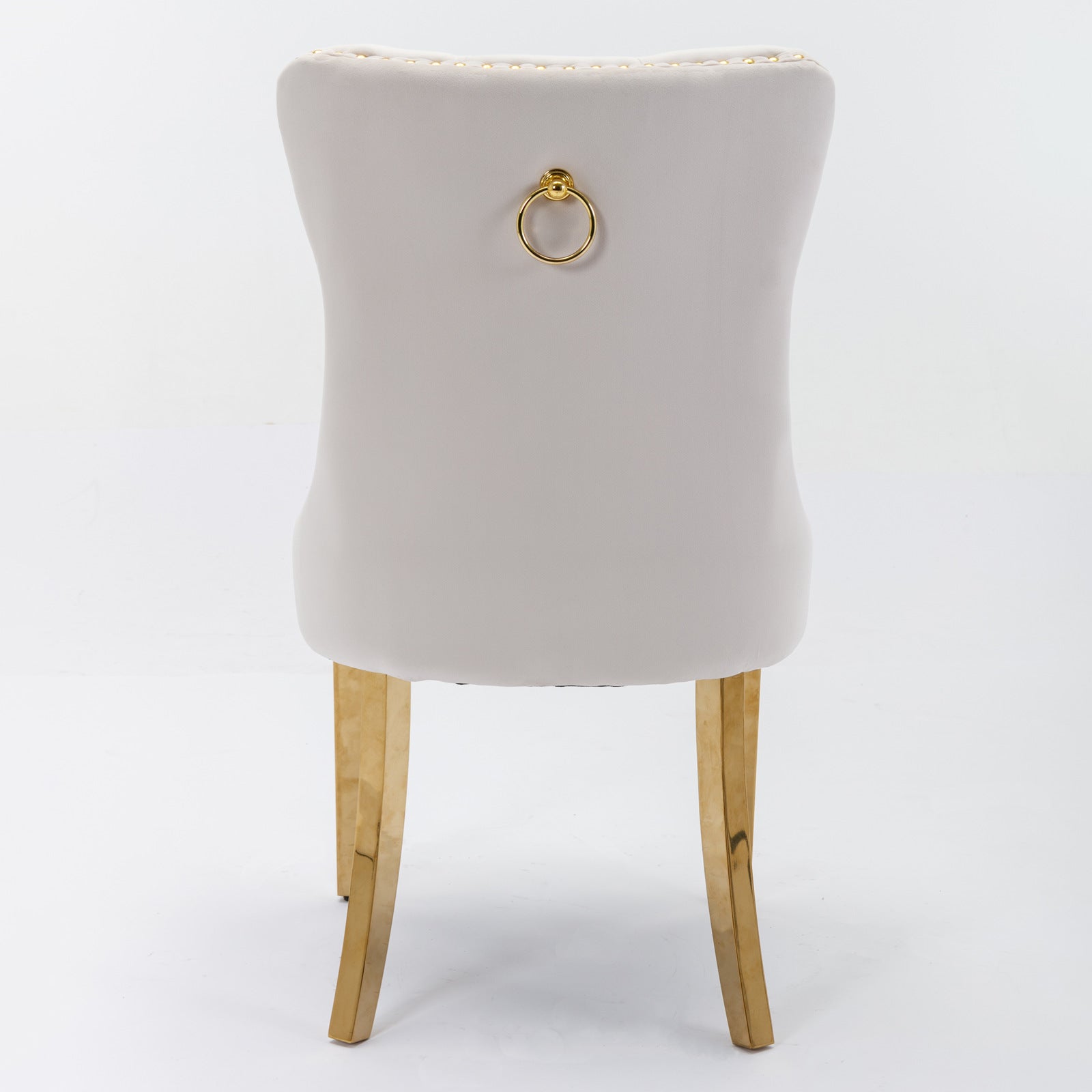 Tufted solid wood velvet soft cushion dining chair gold stainless steel plated leg nail head set of 2 pieces beige and gold - Korvel