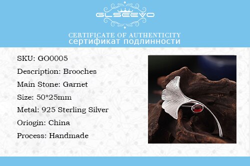 GLSEEVO Ginkgo Biloba Leaf Brooch - 925 Sterling Silver with Garnet