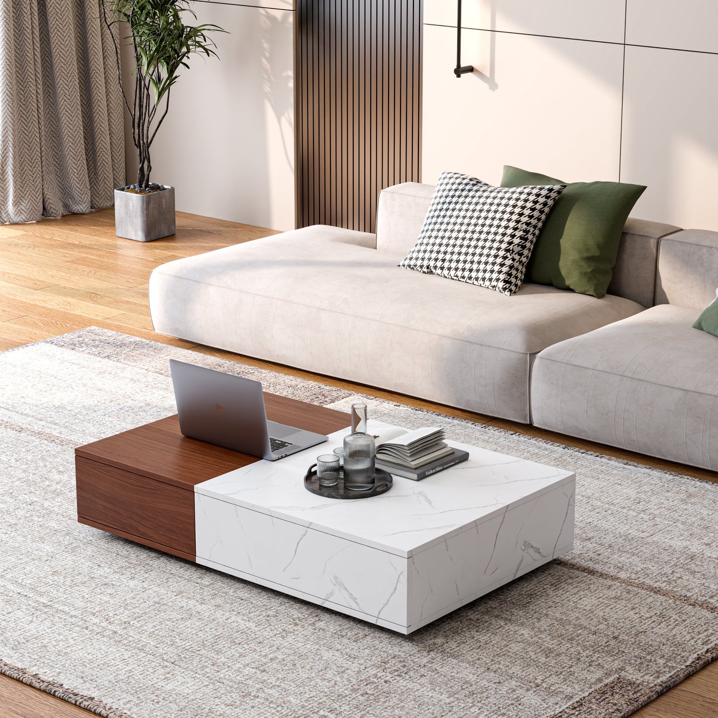 Modern style walnut coffee table with two storage spaces - Korvel