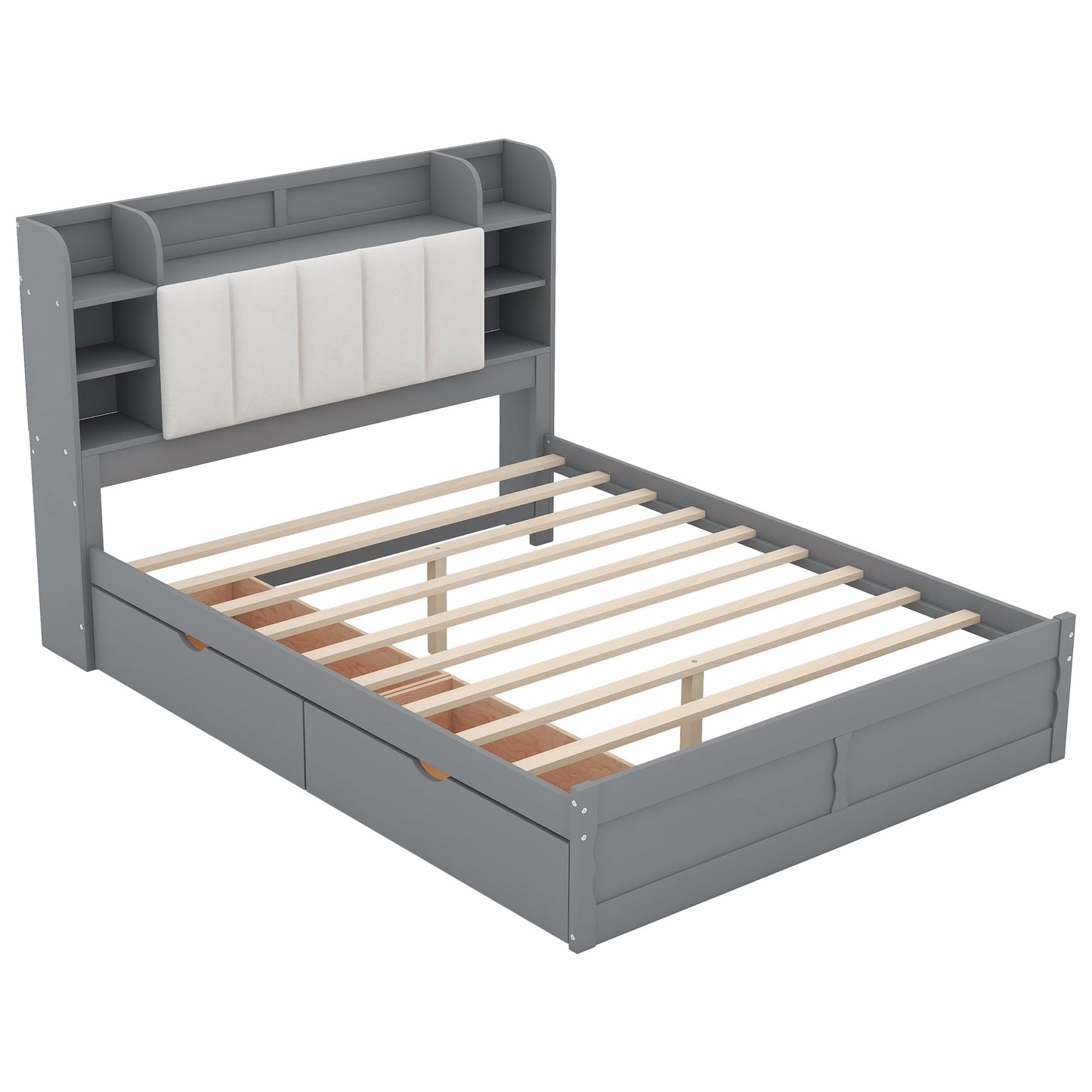 Wood Queen Size Platform Bed with Storage Headboard  Shelves and 2 Drawers  Gray - Korvel