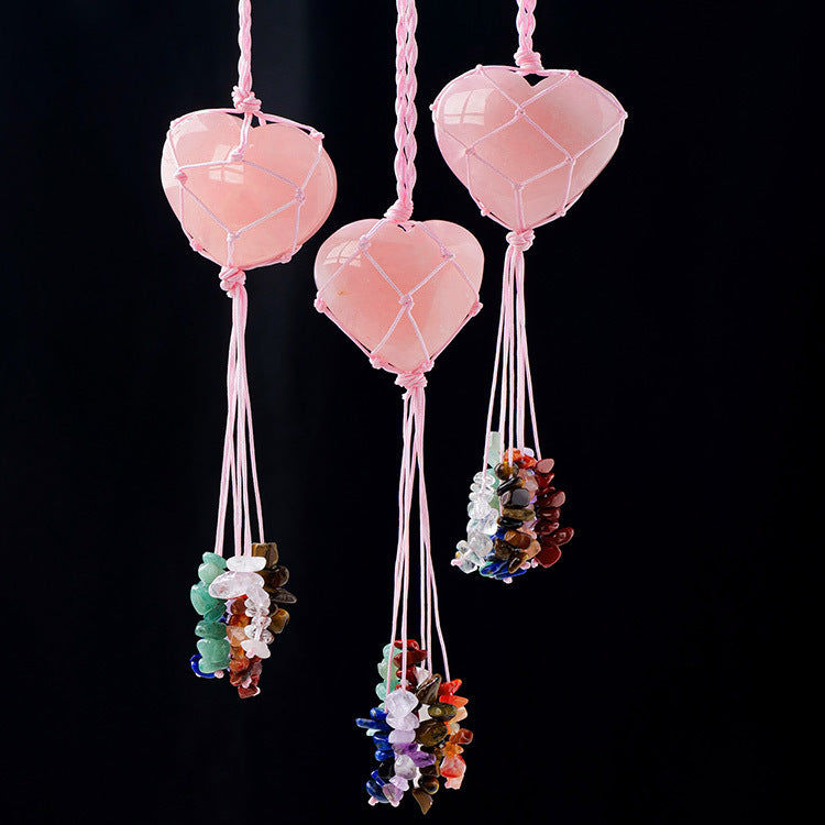 Pink Crystal Love Pendant Pink Crystal Original Stone Heart shaped Peach Heart Colorful Crushed Stone Tassel Pendant - Korvel