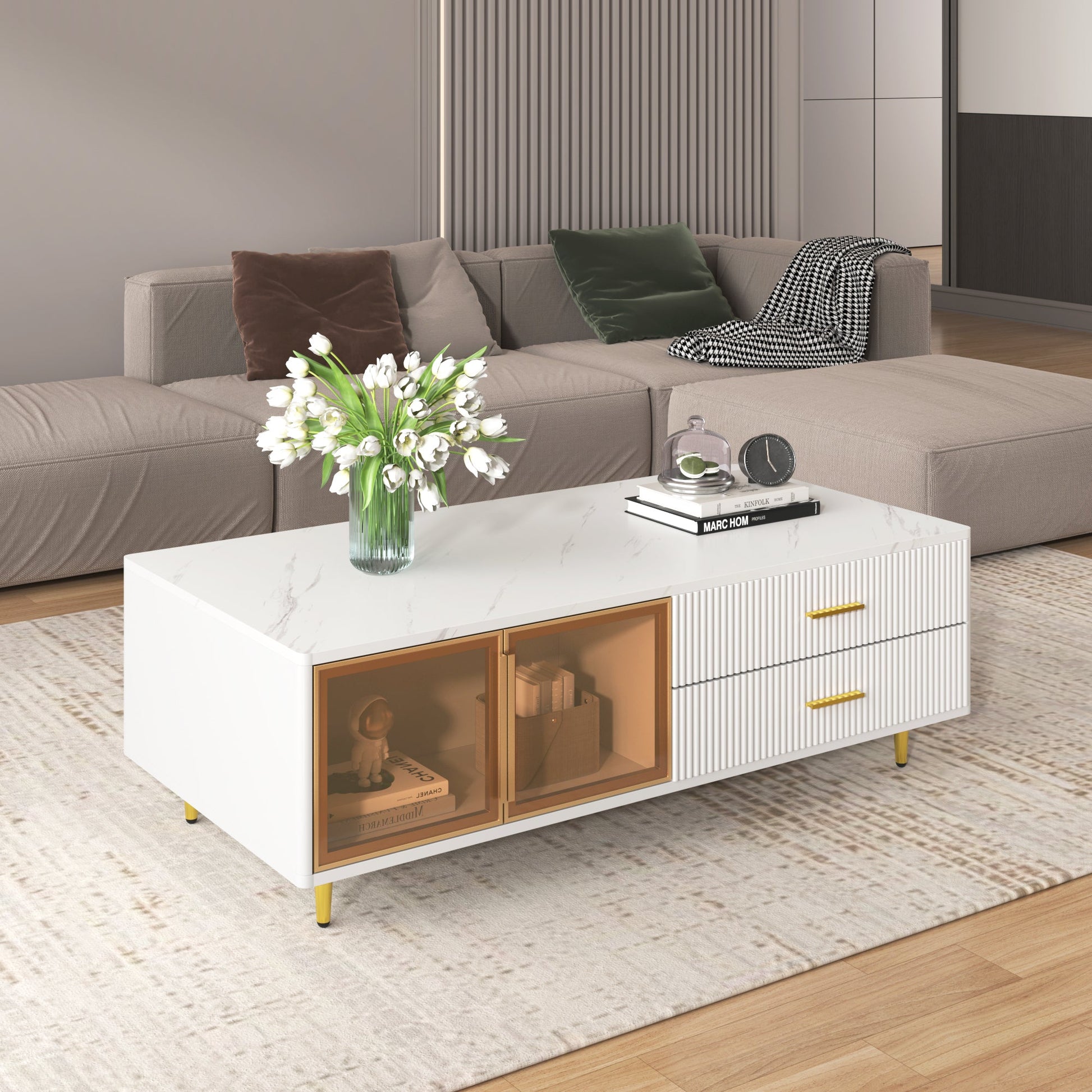 Modern White Coffee Table with 2 Glass Door Storage, 4 Drawers, Gold Metal Legs, and Multi-Color Lighting in 47.2' - Korvel