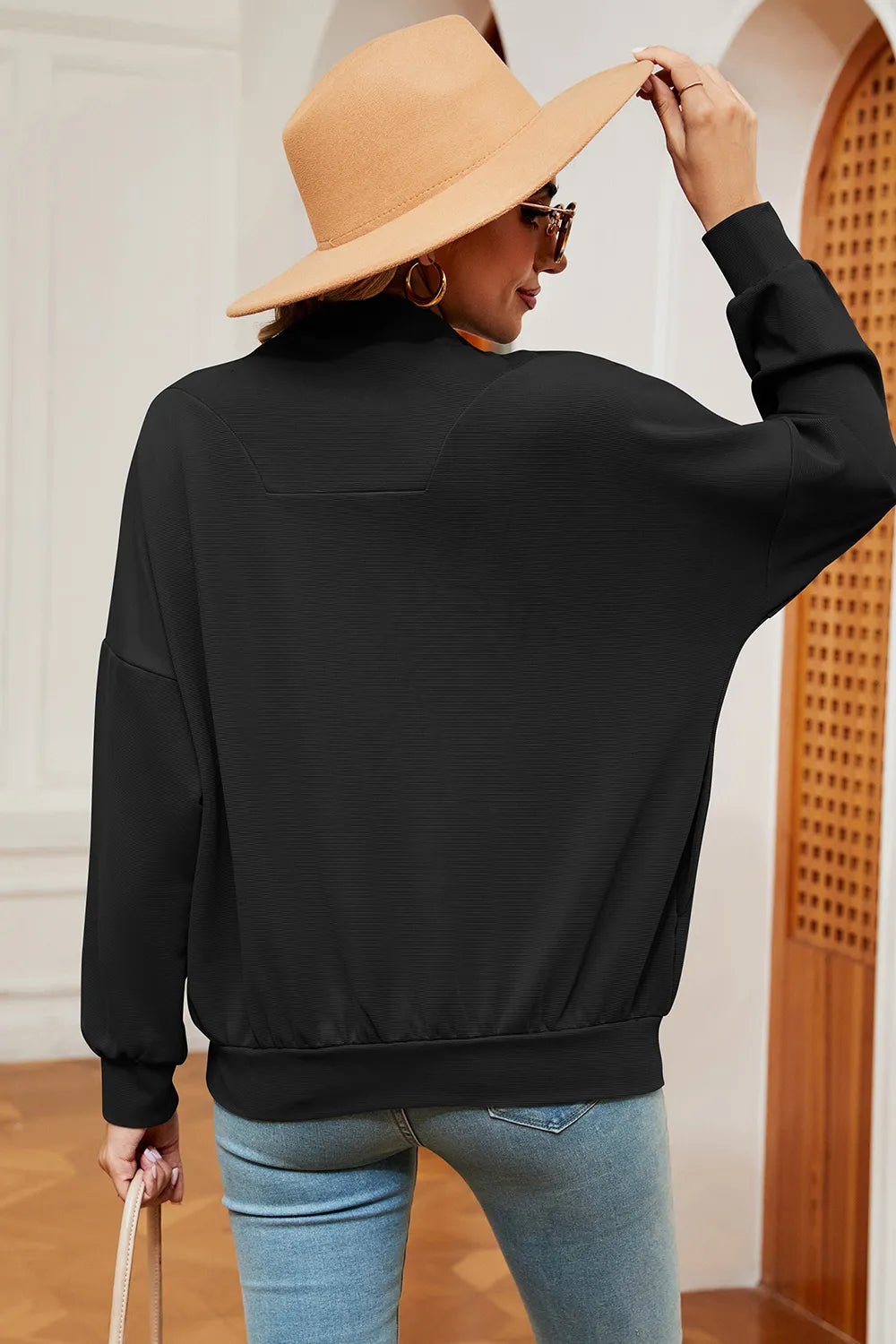 Solid Color Zipper Long Sleeve Pullover Sweatshirt for Women