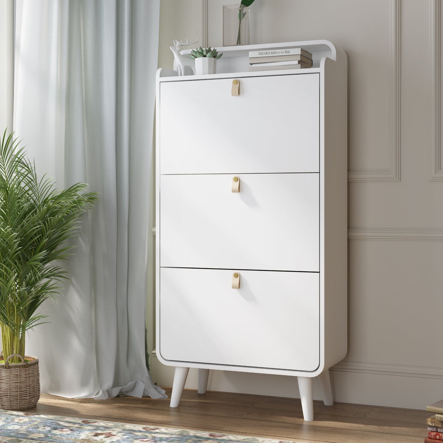 Modern Arc Design Shoe Cabinet With 3 Drawers,Shoe Storage Cabinet for Entryway,Outdoor,White Finish - Korvel