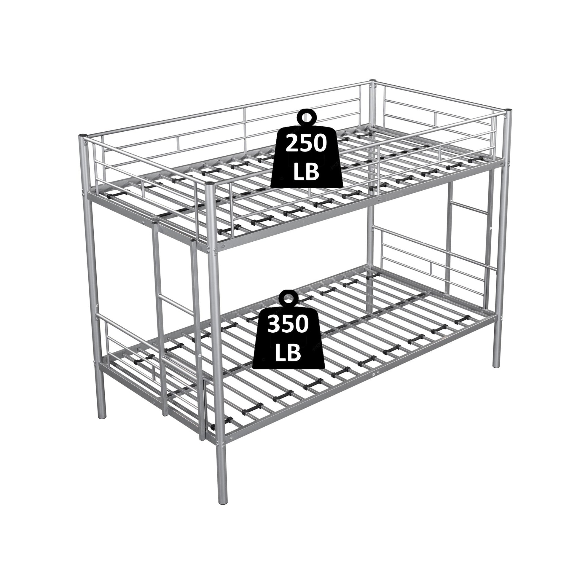 Metal bunk bed/sturdy/noise reduction/2 side ladders/safety guardrails/CPC certification/no spring box required (Silver) - Korvel