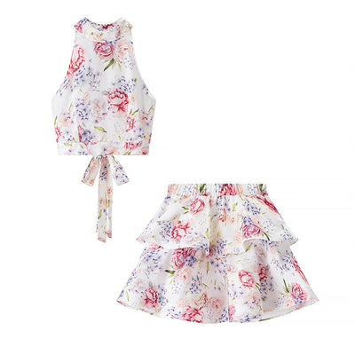 Fashionable and Sexy Halter Sleeveless Top with Floral Print Skirt - Korvel