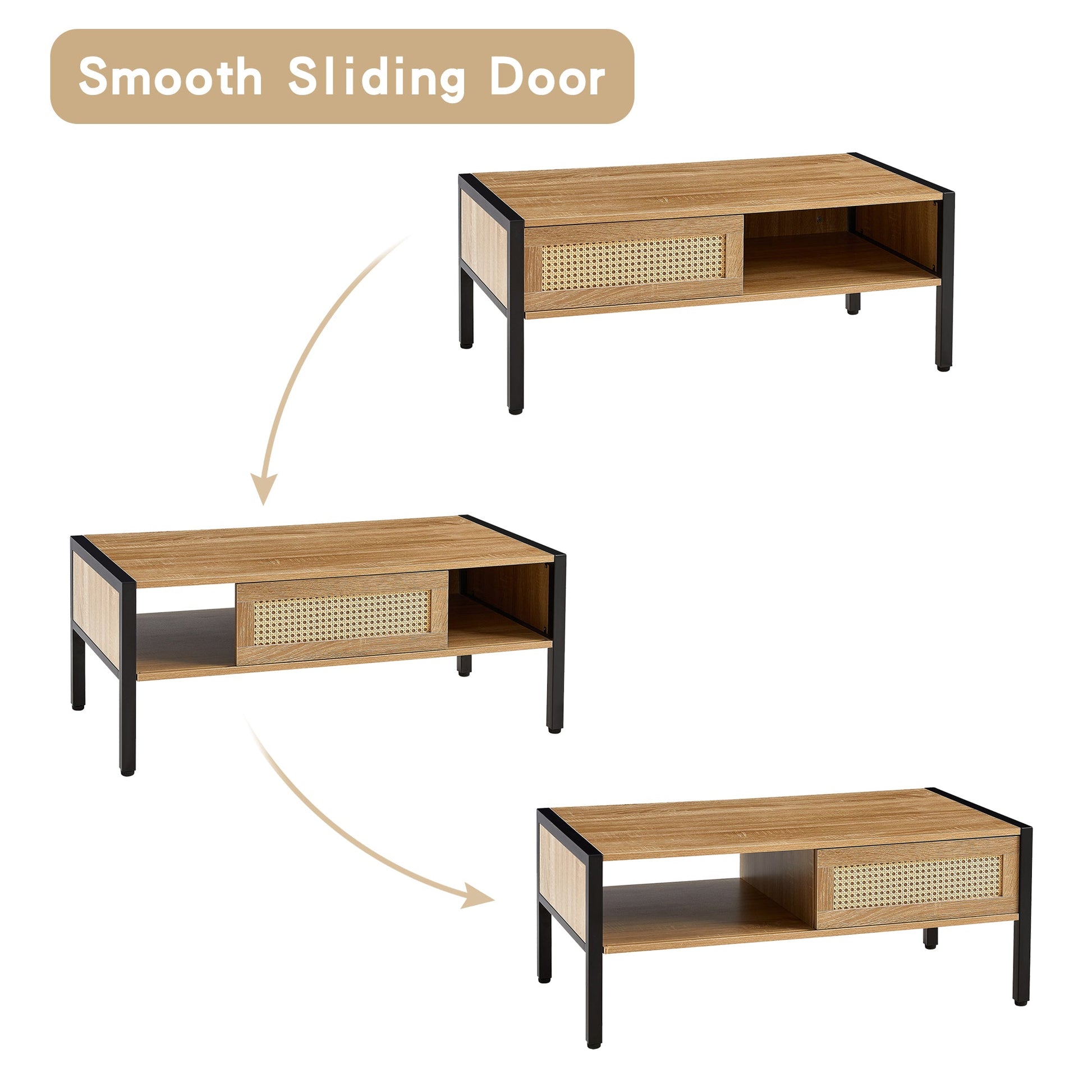 40.16" Rattan Coffee table, sliding door for storage, metal legs, Modern table for living room , natural - Korvel
