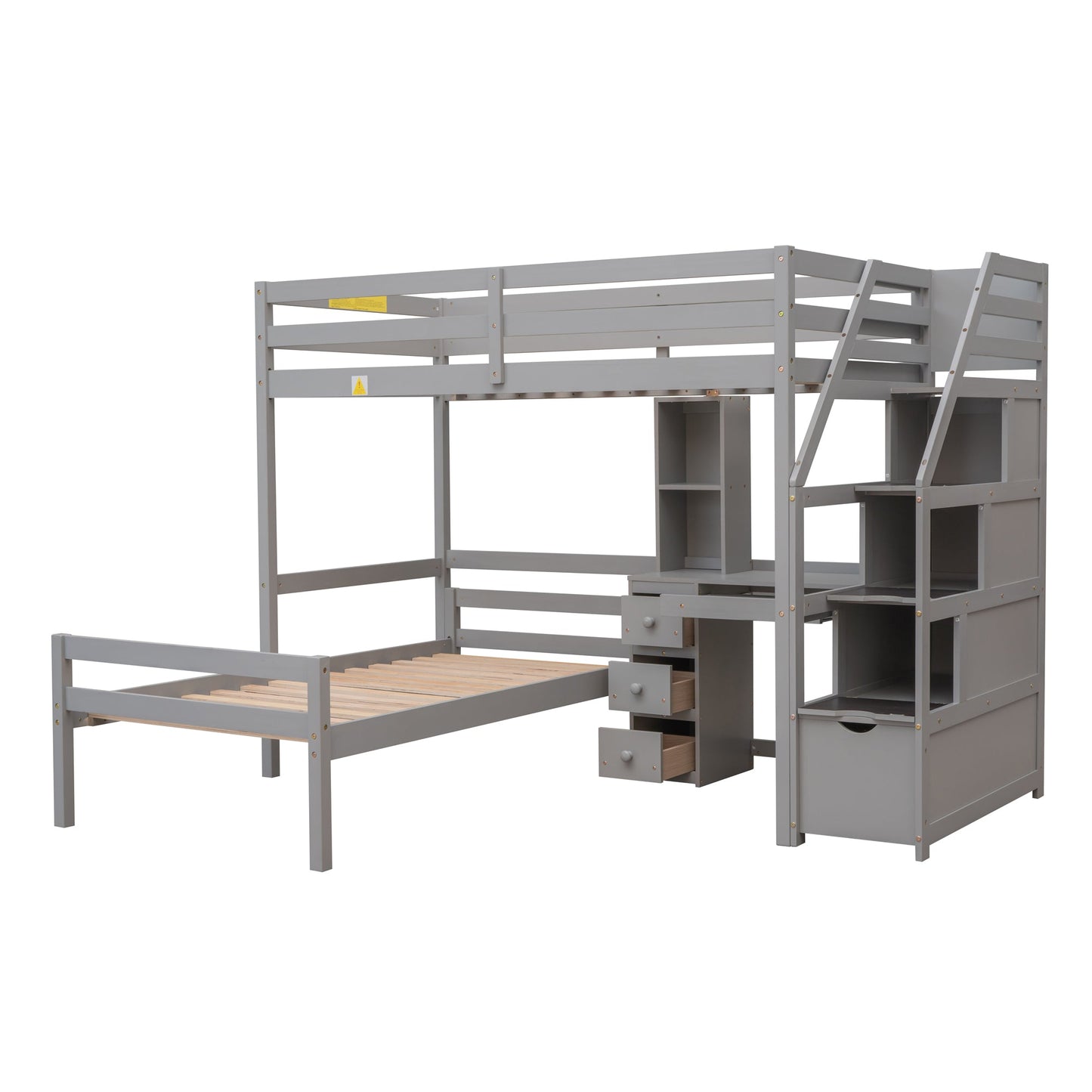 Cama loft tamaño twin con escalera de almacenamiento y escritorio - Gris