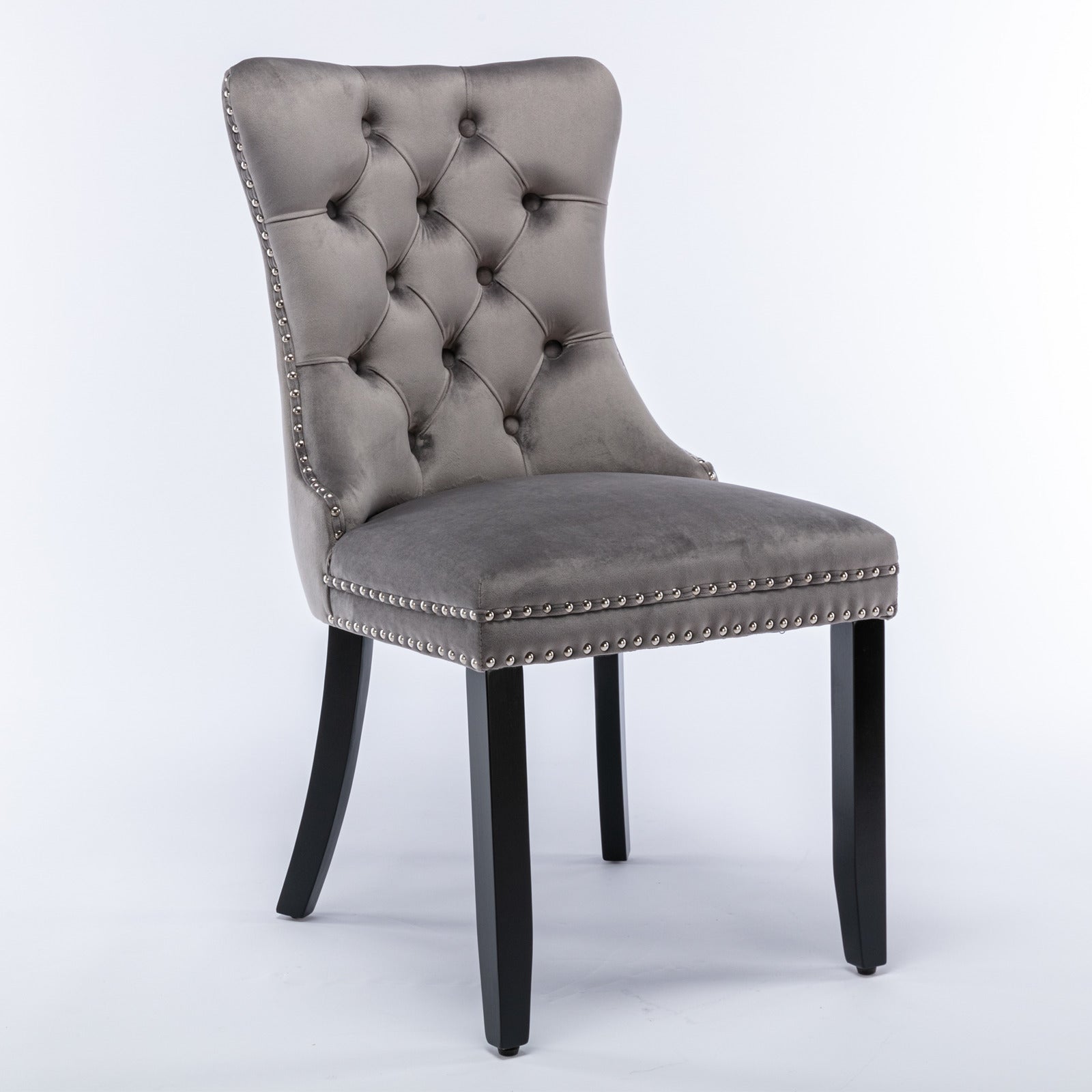 Modern high-end plush solid wood velvet cushioned dining chair with wooden leg nail head decoration, two piece set in gray - Korvel