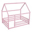 Full Size Floor Wooden Bed with House Roof Frame, Fence Guardrails ,Pink - Korvel
