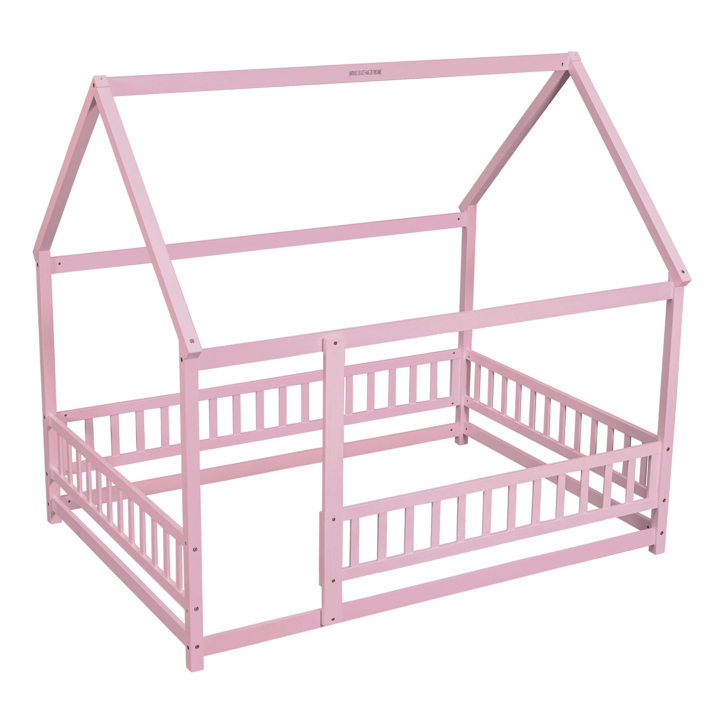 Full Size Floor Wooden Bed with House Roof Frame, Fence Guardrails ,Pink - Korvel