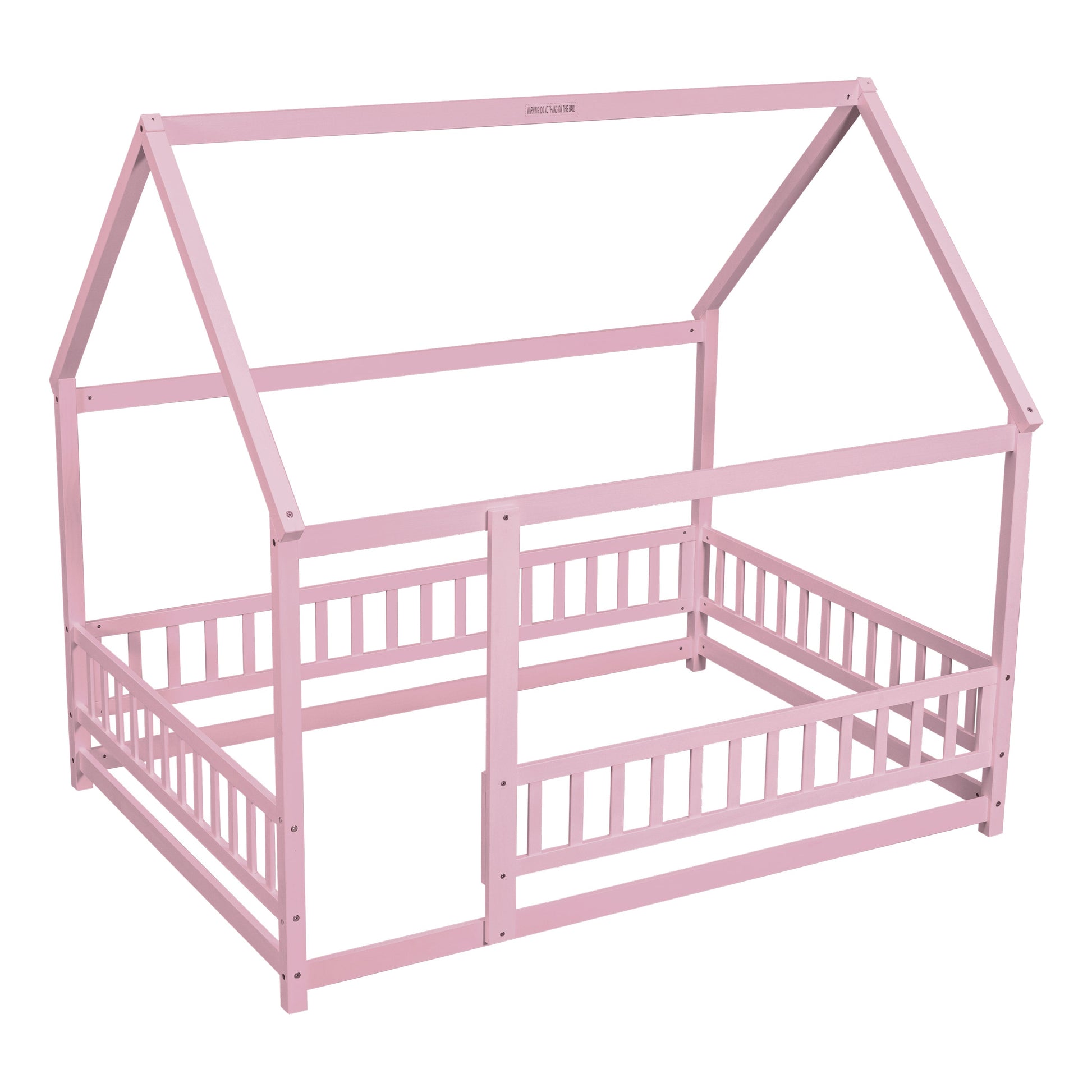 Full Size Floor Wooden Bed with House Roof Frame, Fence Guardrails ,Pink - Korvel