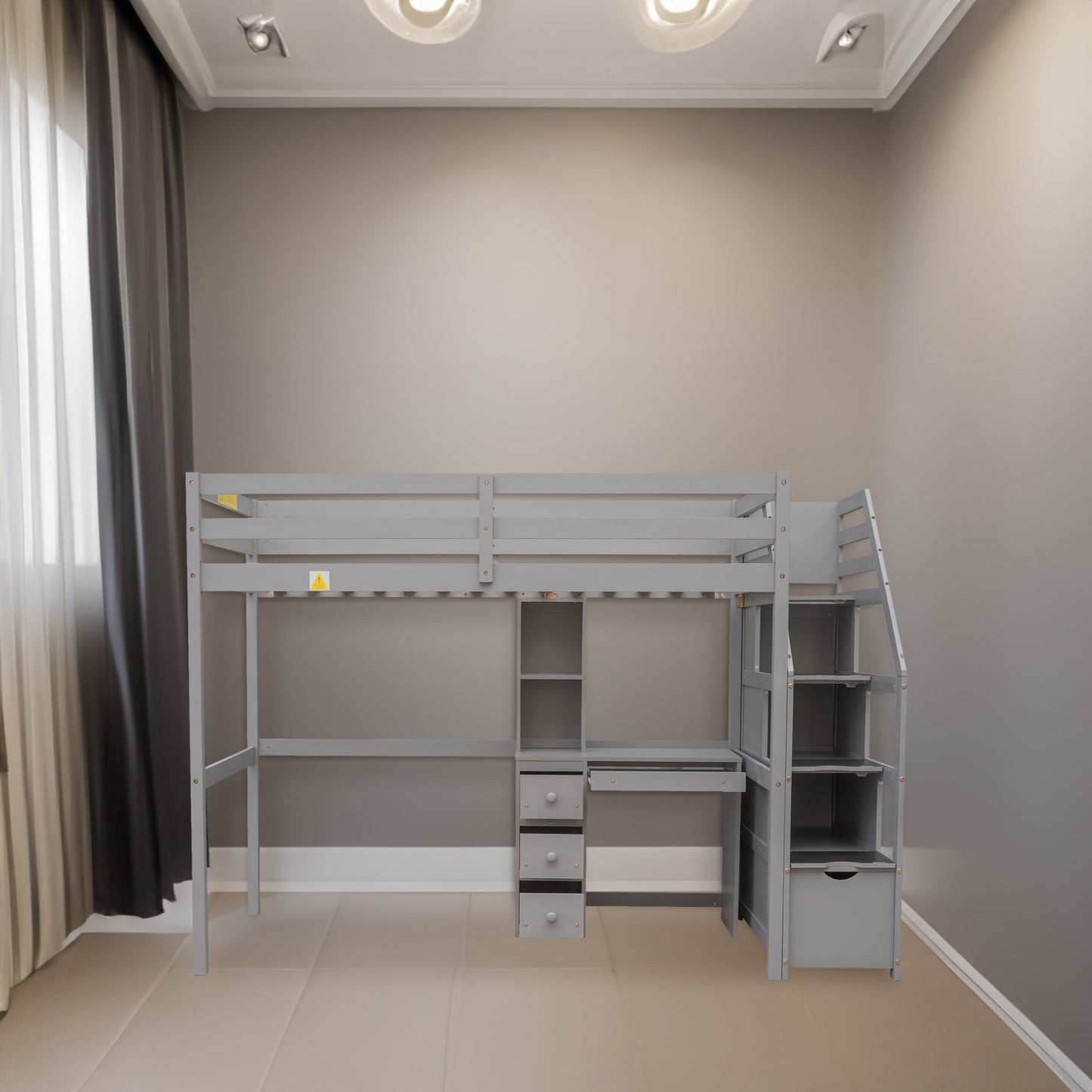 Cama loft tamaño twin con escalera de almacenamiento y escritorio - Gris