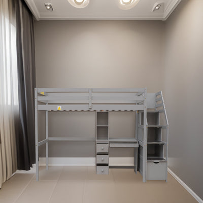 Twin Size Loft Bed with Storage Staircase and Desk - Gray