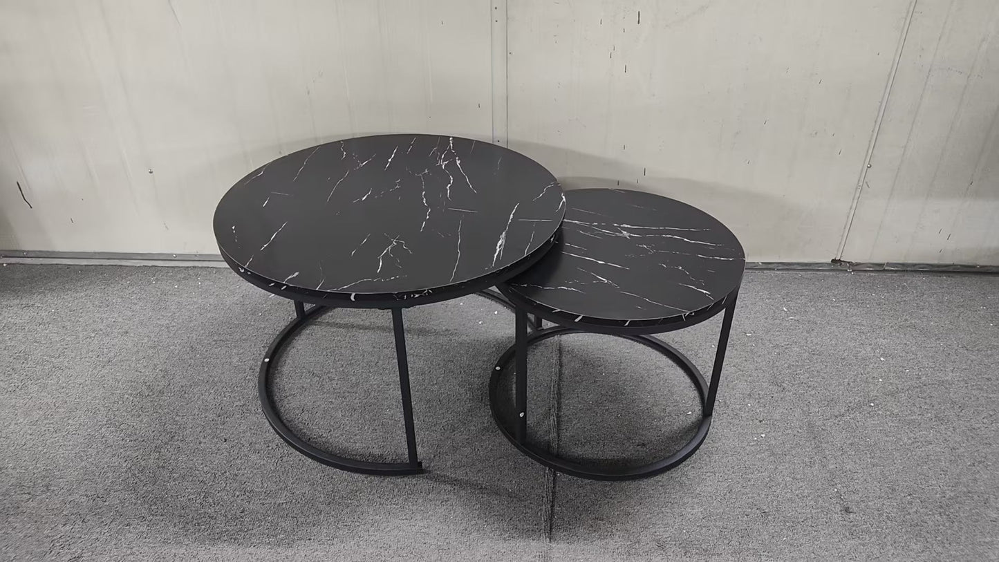 A set of nested coffee tables, 27.6-inch round coffee table, wooden marble patterned tabletop, sturdy metal frame (black) - Korvel