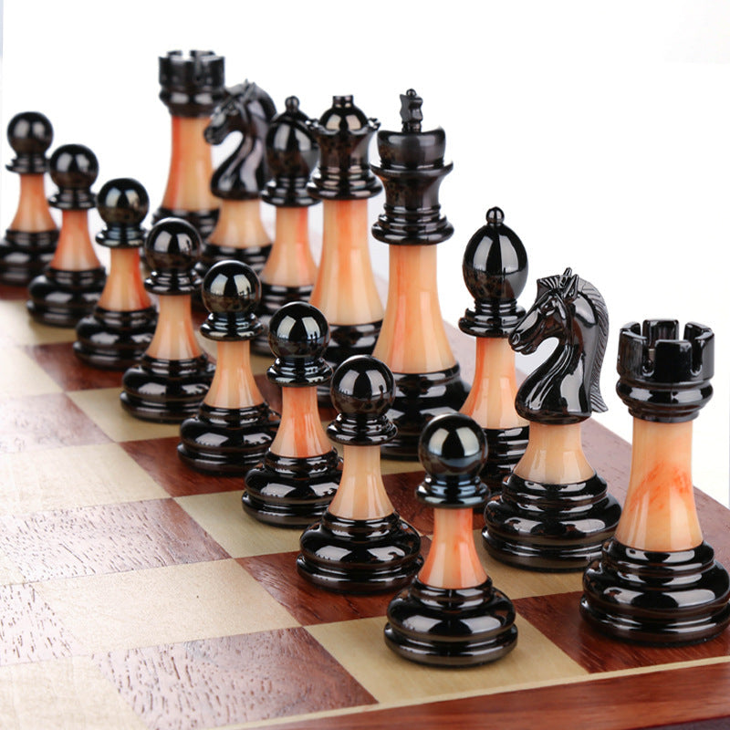 Échiquier pliant en bois massif avec pièces d'échecs en jade imitation