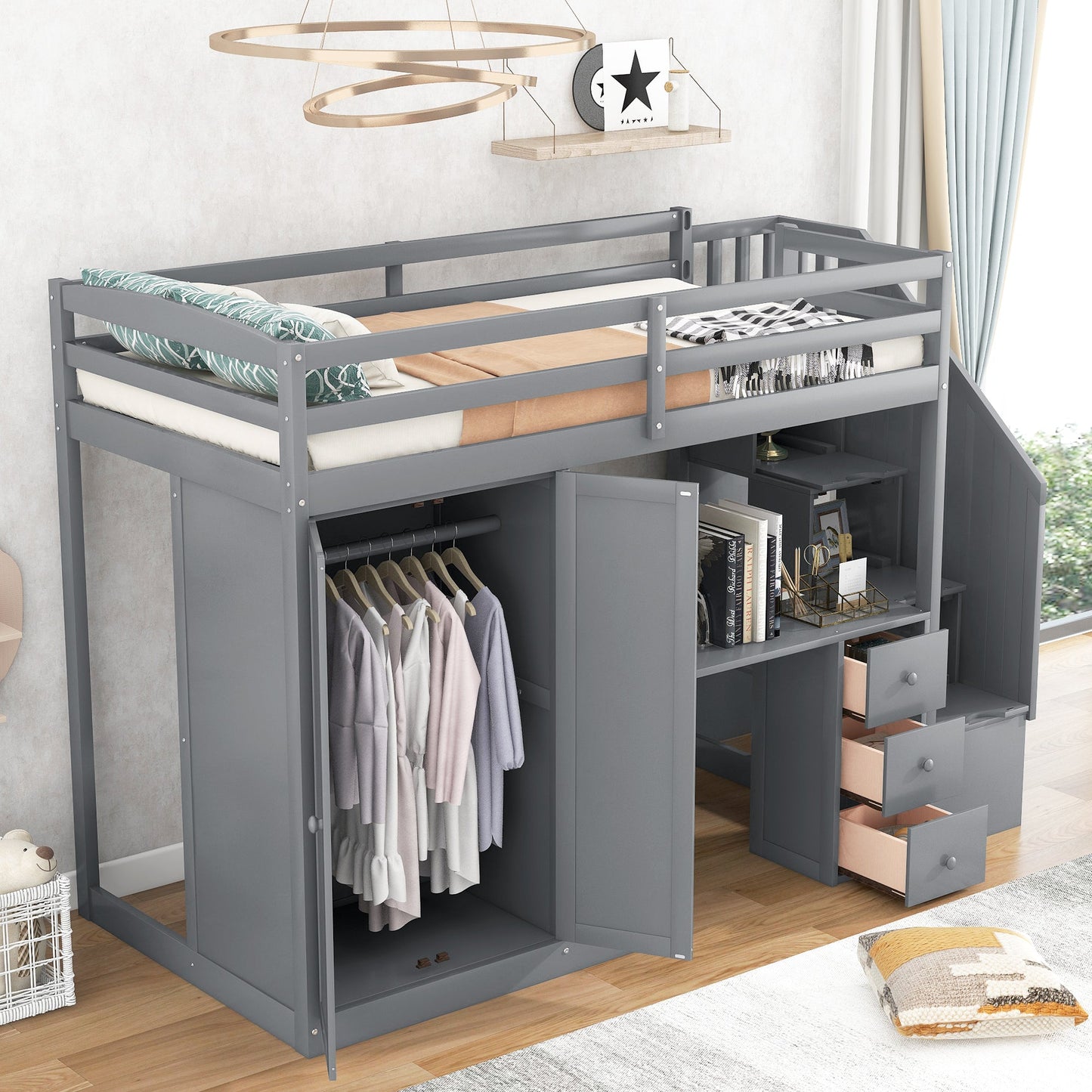 Cama loft tamaño twin con armario y almacenamiento en gris