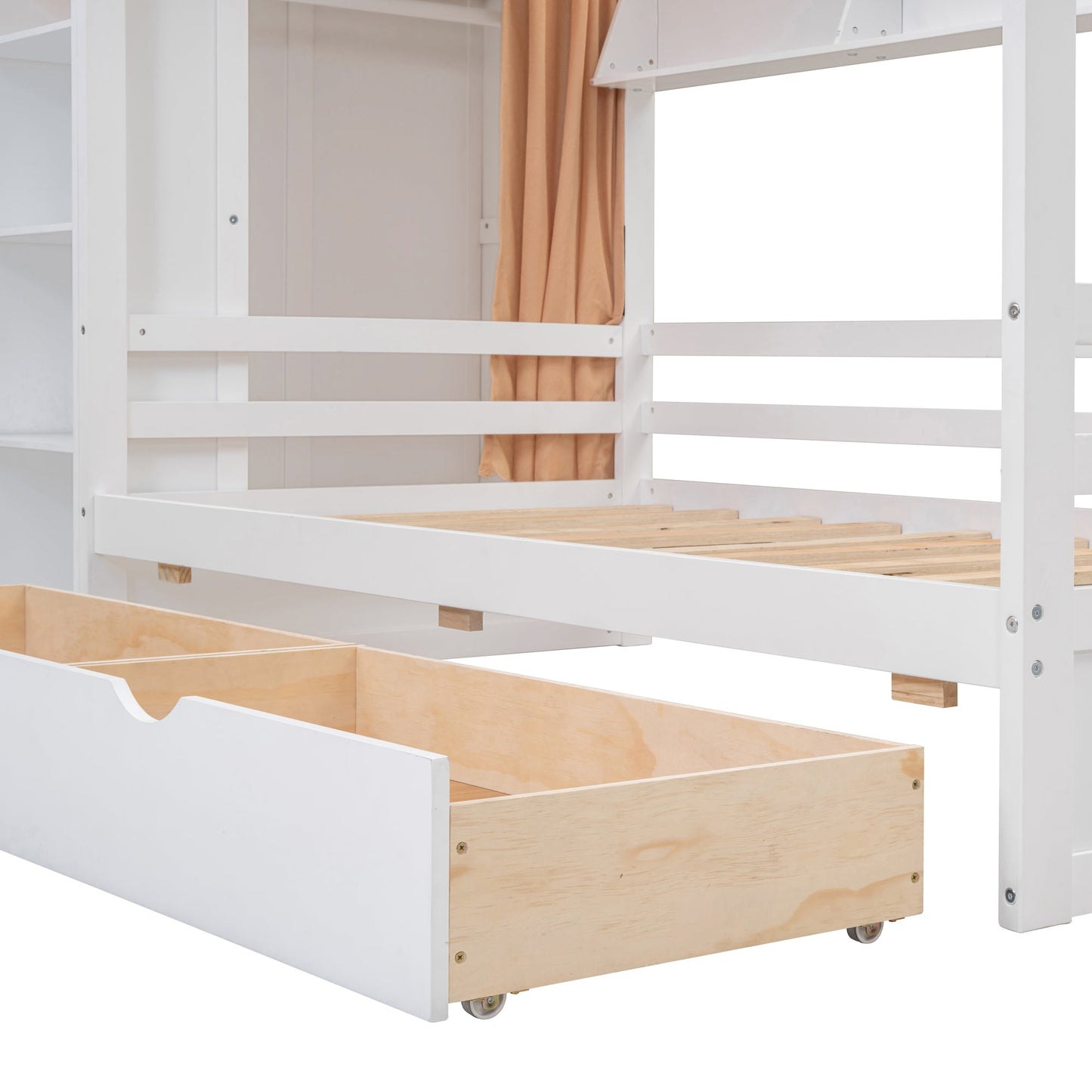 Twin Size House Bed with Two Drawers and Wardrobe - White