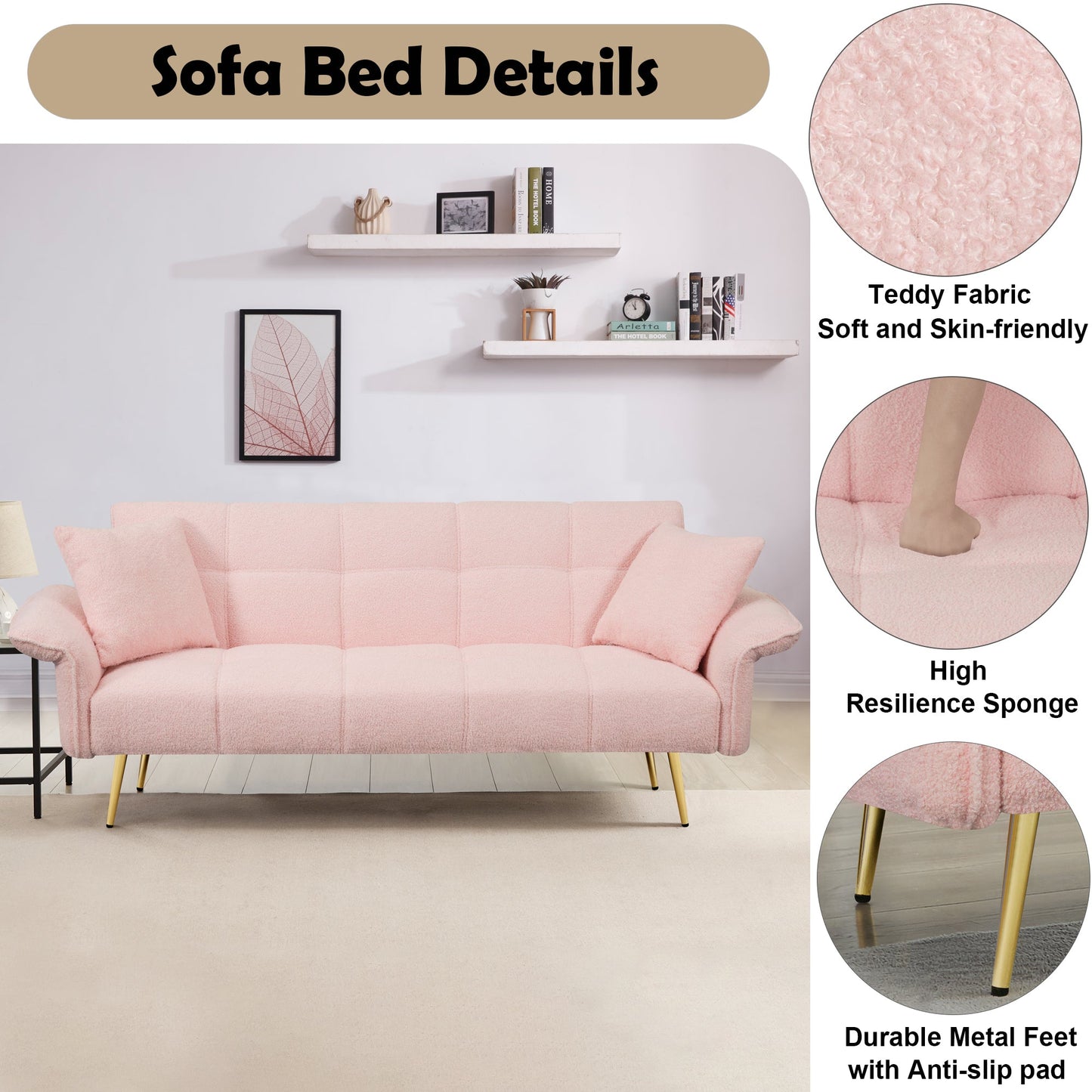 Sofá Futón Convertible de Terciopelo Rosa de 70 Pulgadas