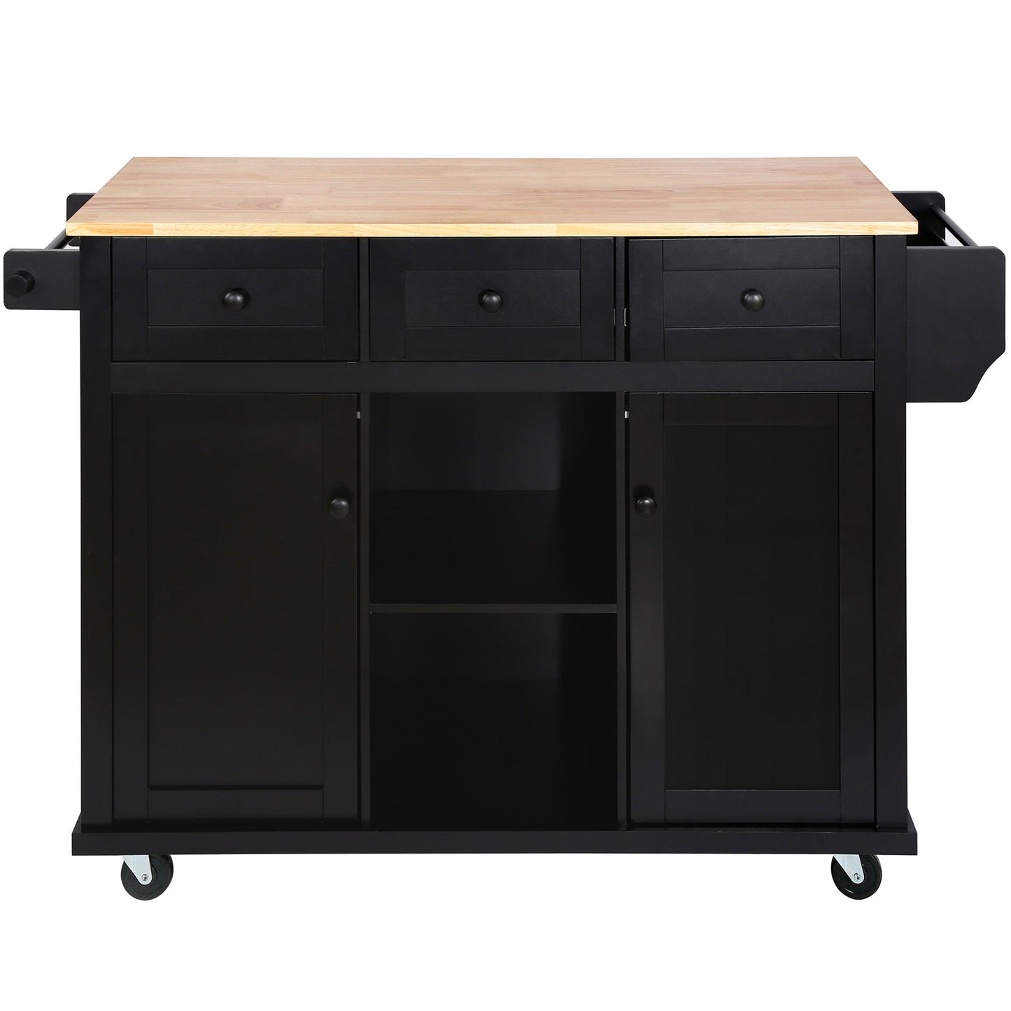 Kitchen trolley with rubber wood leaf countertop, 5-wheel kitchen island, storage cabinet and 3 dining drawers, black - Korvel