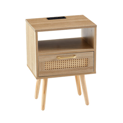 15.75" Rattan End table with Power Outlet & USB Ports  Modern nightstand with drawer and solid wood legs - Korvel