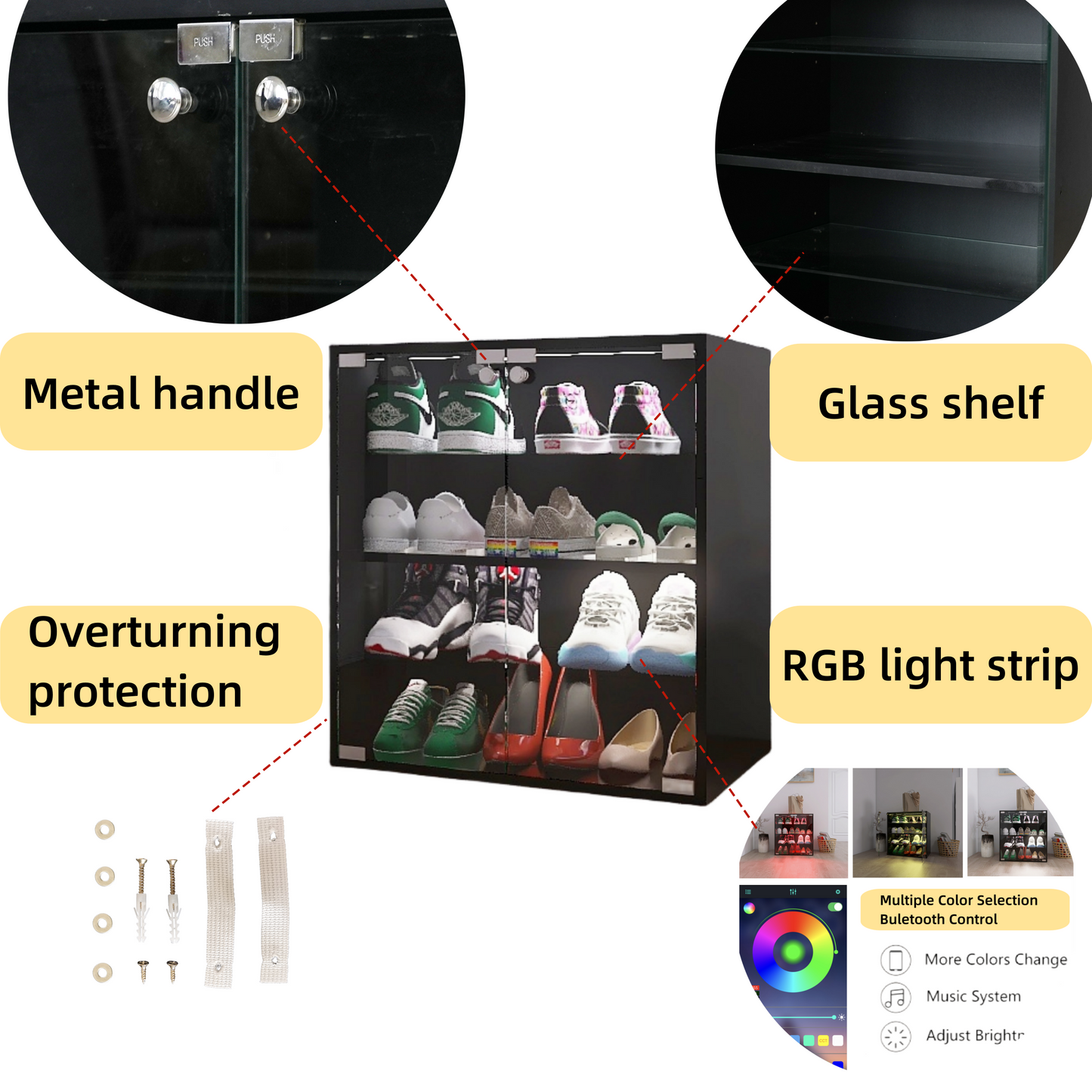 4 Layers Black Shoe Cabinet with Glass Door and Glass Layer Shoes Display Cabinet with LED light Bluetooth Control - Korvel