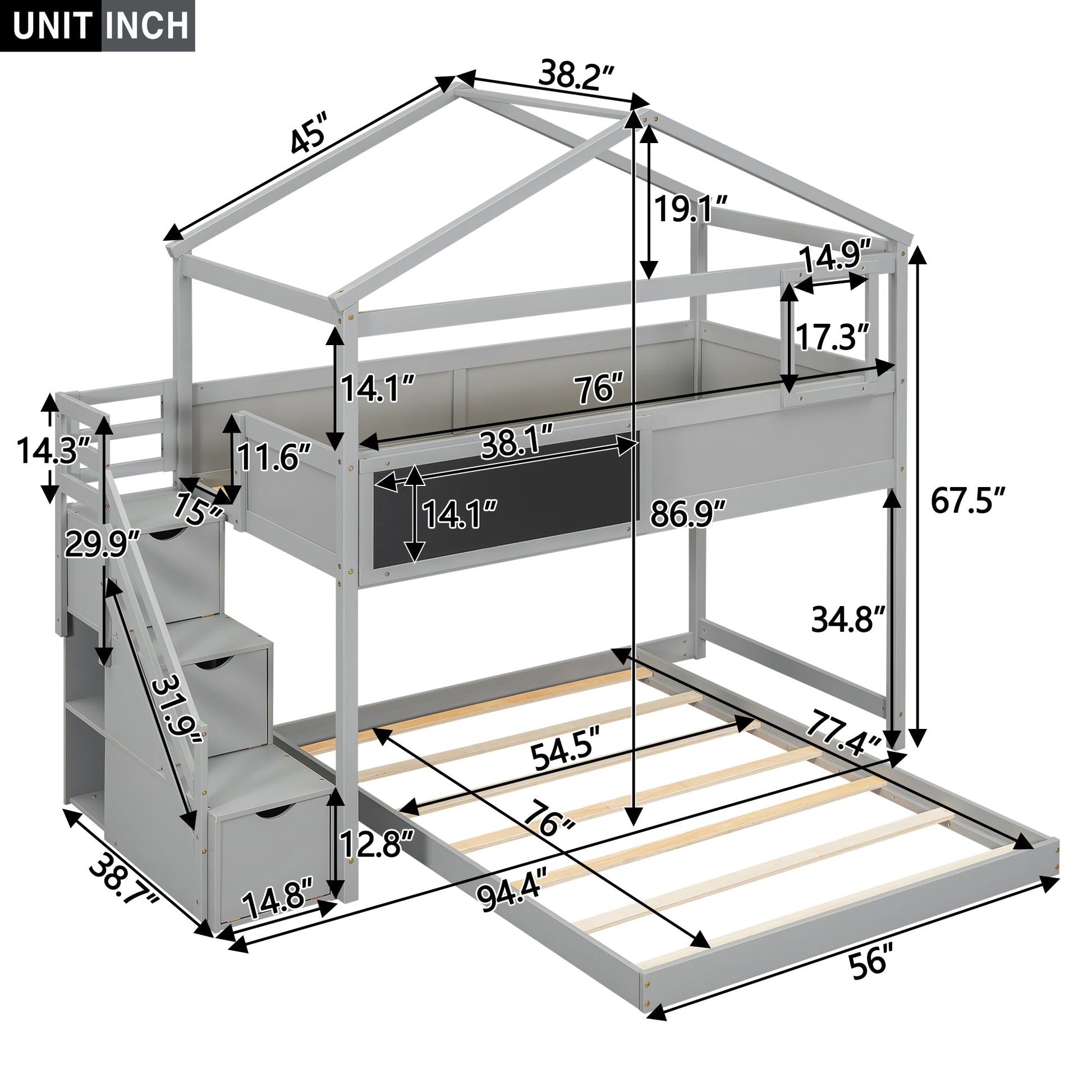 Twin over Full House Bunk Bed with Storage Staircase and Blackboard Gray - Korvel