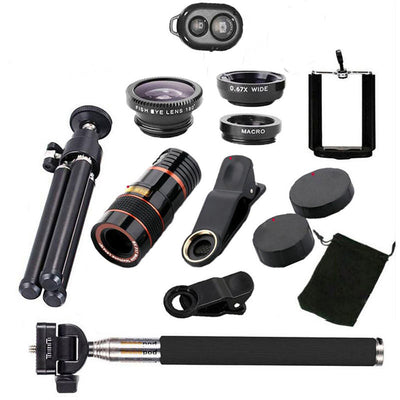 10 in 1 Kits 12x Zoom Telephoto Lens Fish eye Lens Wide Angle Macro Lenses Cell Phone Mobile Tripod - Korvel