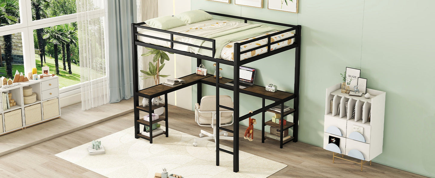 Full Metal Loft Bed with Desk and Shelves, Loft Bed with Ladder and Guardrails, Loft Bed Frame for Bedroom, Black - Korvel