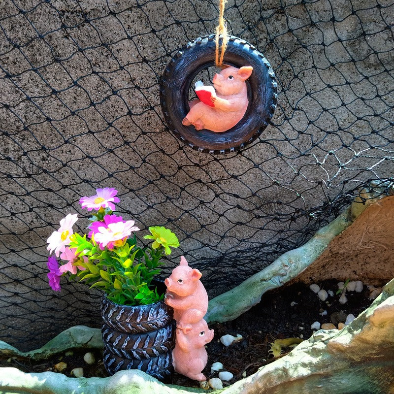 Cute Piggy Reading Tire Courtyard Garden Outdoor Hanger - Korvel